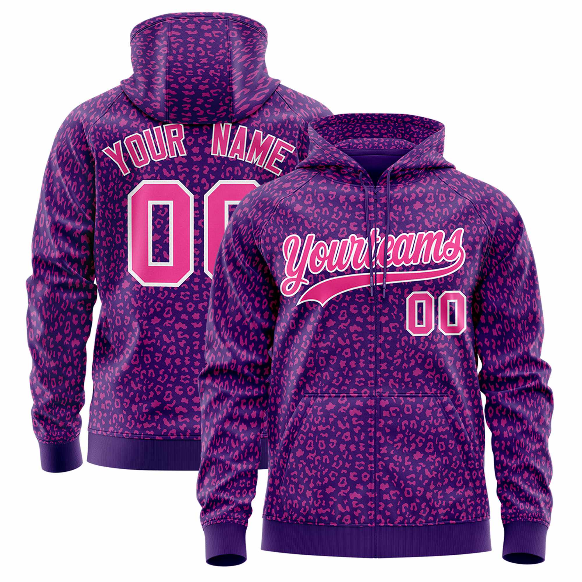 Custom Purple Pink Varsity Full-Zip Letterman Leopard Print Hoodie Jacket