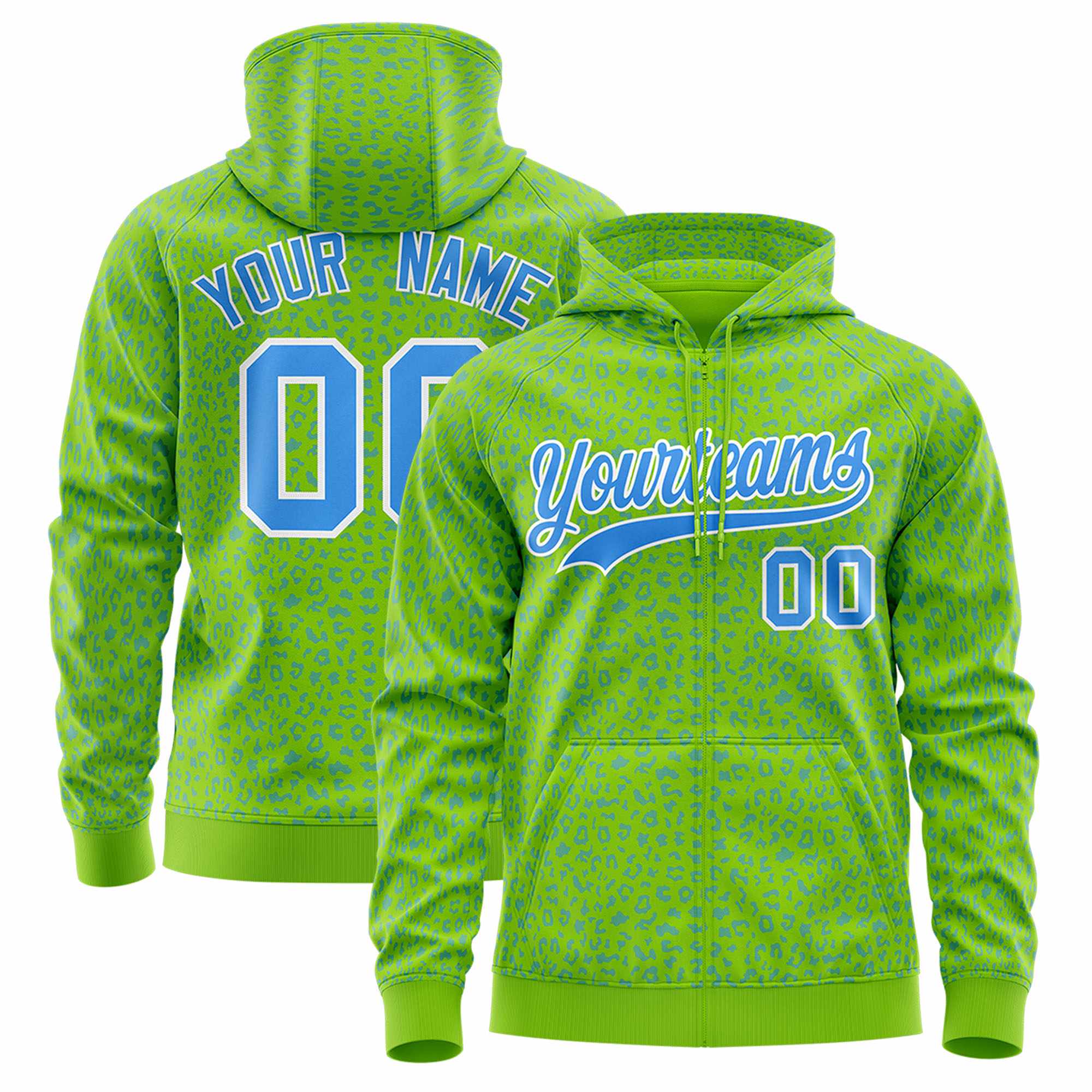 Custom Neon Green Powder Blue Varsity Full-Zip Letterman Leopard Print Hoodie Jacket