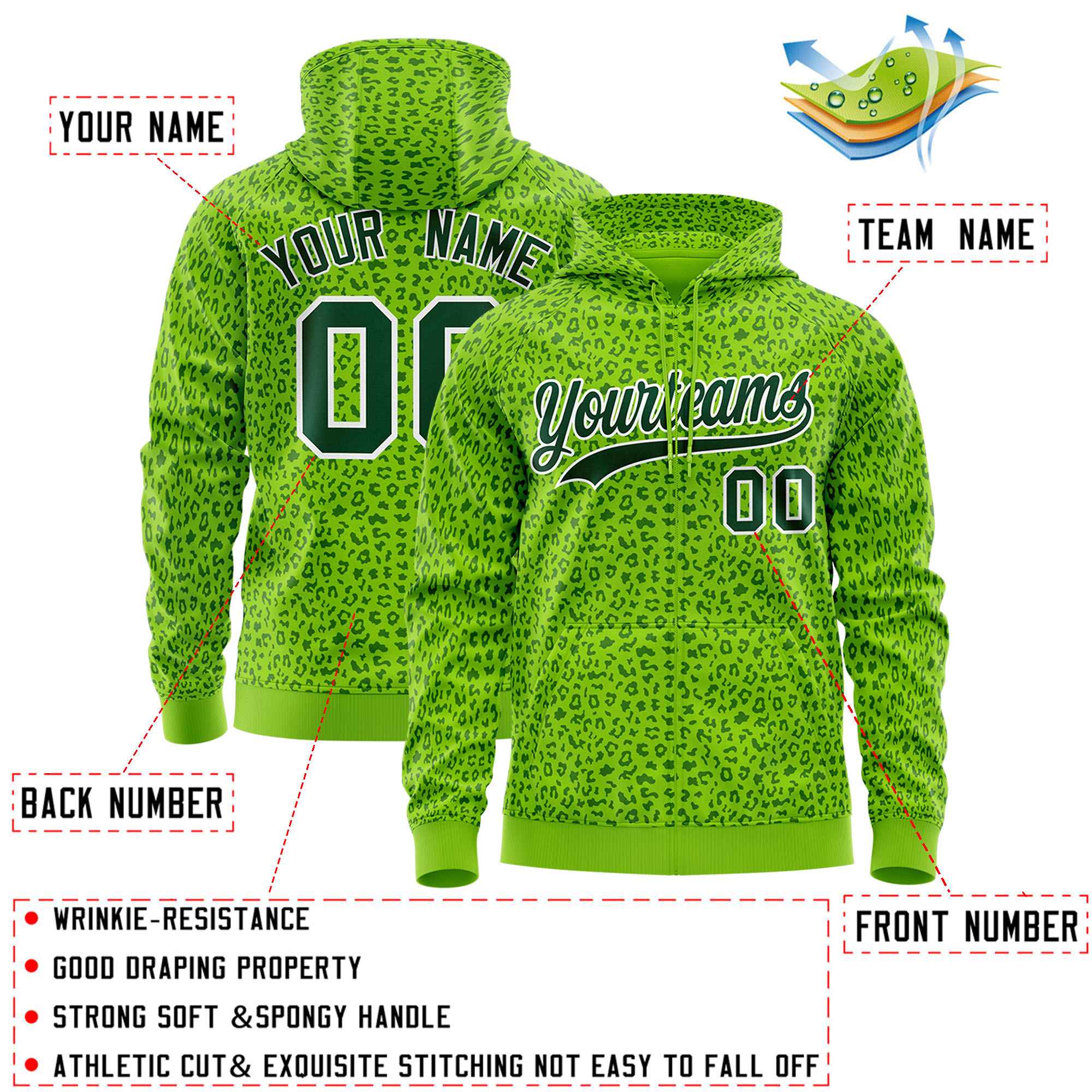 Custom White Neon Green Varsity Full-Zip Letterman Leopard Print Hoodie Jacket