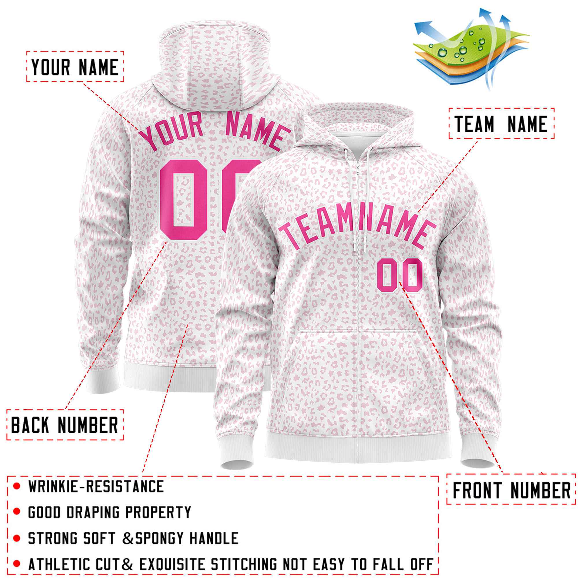 Custom White Pink Varsity Full-Zip Letterman Leopard Print Hoodie Jacket