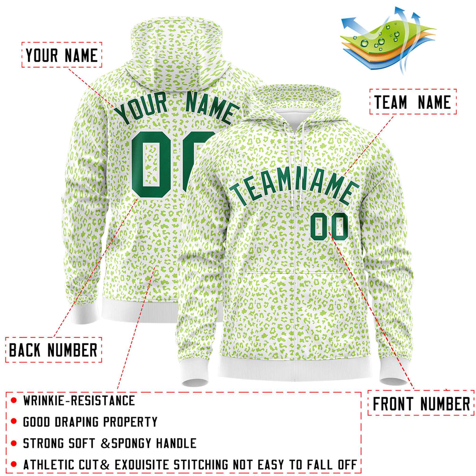 Custom Neon Green Green Varsity Full-Zip Letterman Leopard Print Hoodie Jacket