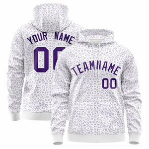 Custom White Purple Varsity Full-Zip Letterman Leopard Print Hoodie Jacket