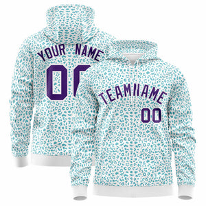 Custom White Teal Varsity Full-Zip Letterman Leopard Print Hoodie Jacket