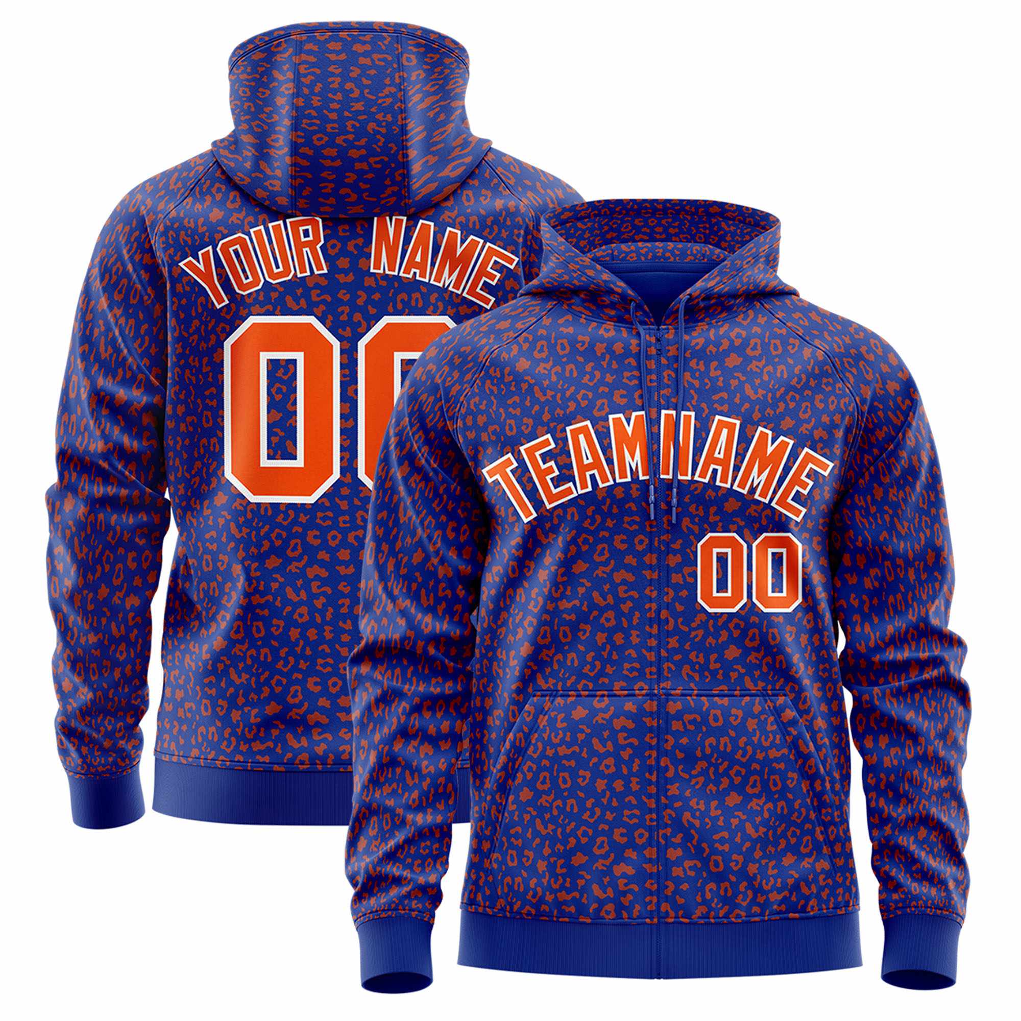 Custom Royal Orange Varsity Full-Zip Letterman Leopard Print Hoodie Jacket