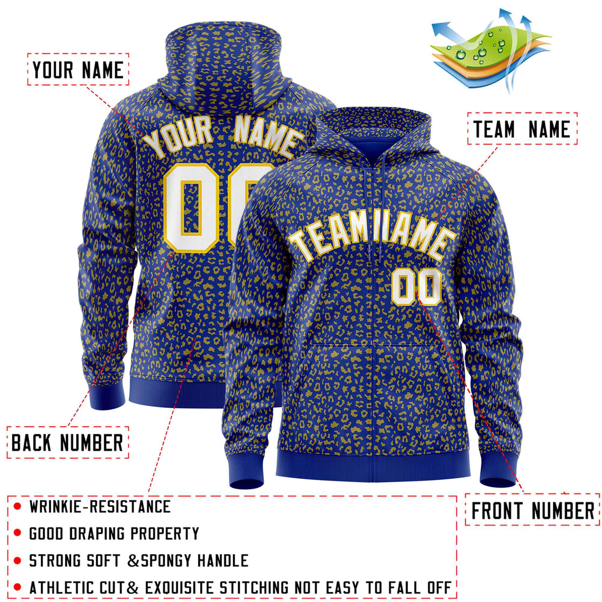 Custom Royal Gold Varsity Full-Zip Letterman Leopard Print Hoodie Jacket