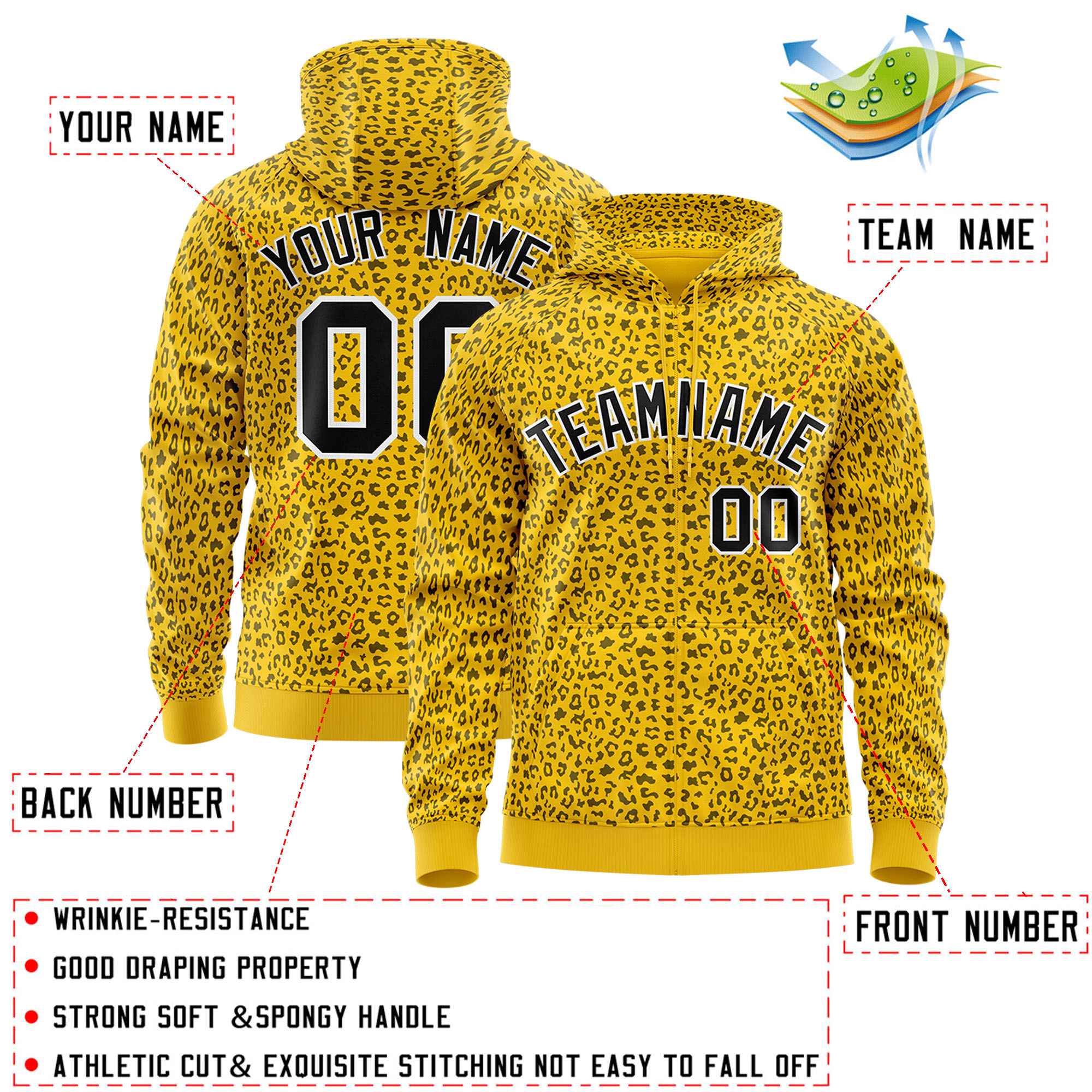 Custom Gold Black Varsity Full-Zip Letterman Leopard Print Hoodie Jacket