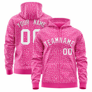 Custom Pink White Varsity Full-Zip Letterman Leopard Print Hoodie Jacket