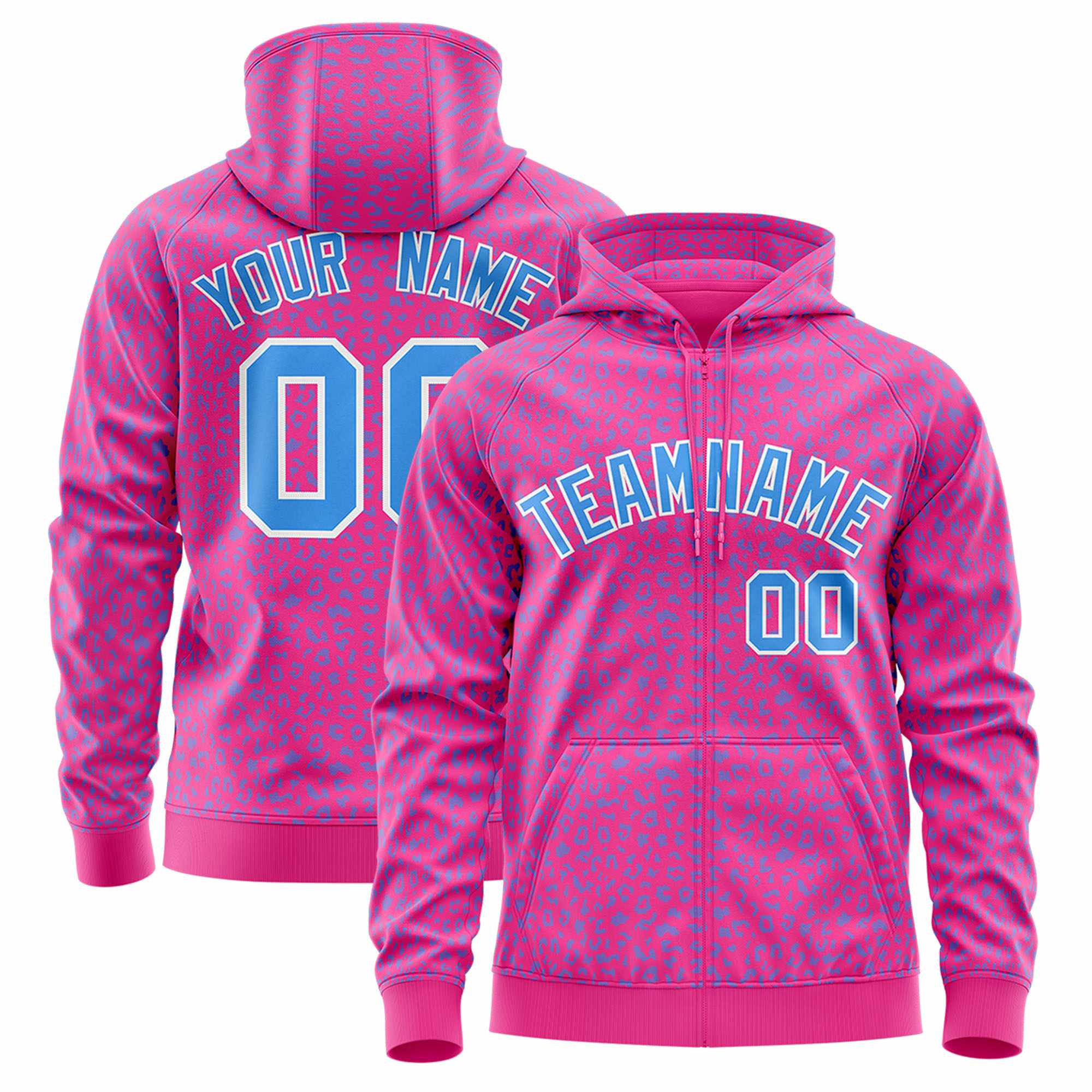 Custom Pink Powder Blue Varsity Full-Zip Letterman Leopard Print Hoodie Jacket