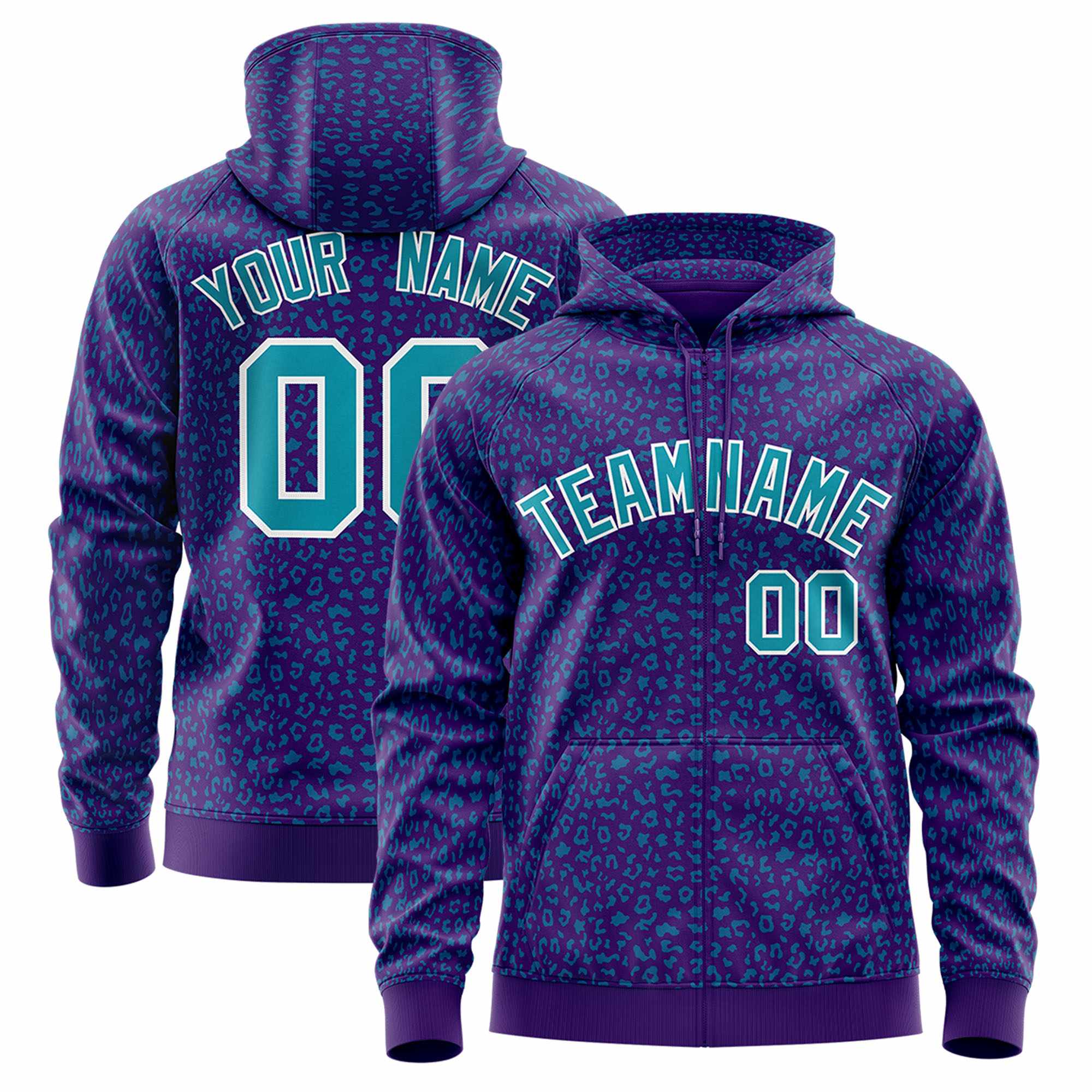 Custom Purple Teal Varsity Full-Zip Letterman Leopard Print Hoodie Jacket