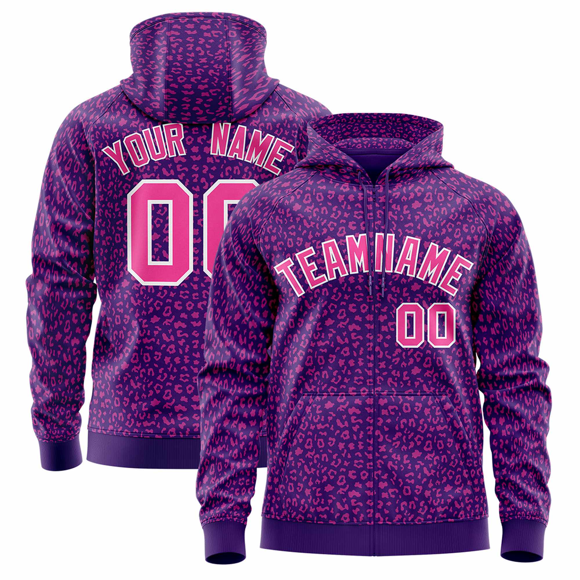 Custom Purple Pink Varsity Full-Zip Letterman Leopard Print Hoodie Jacket