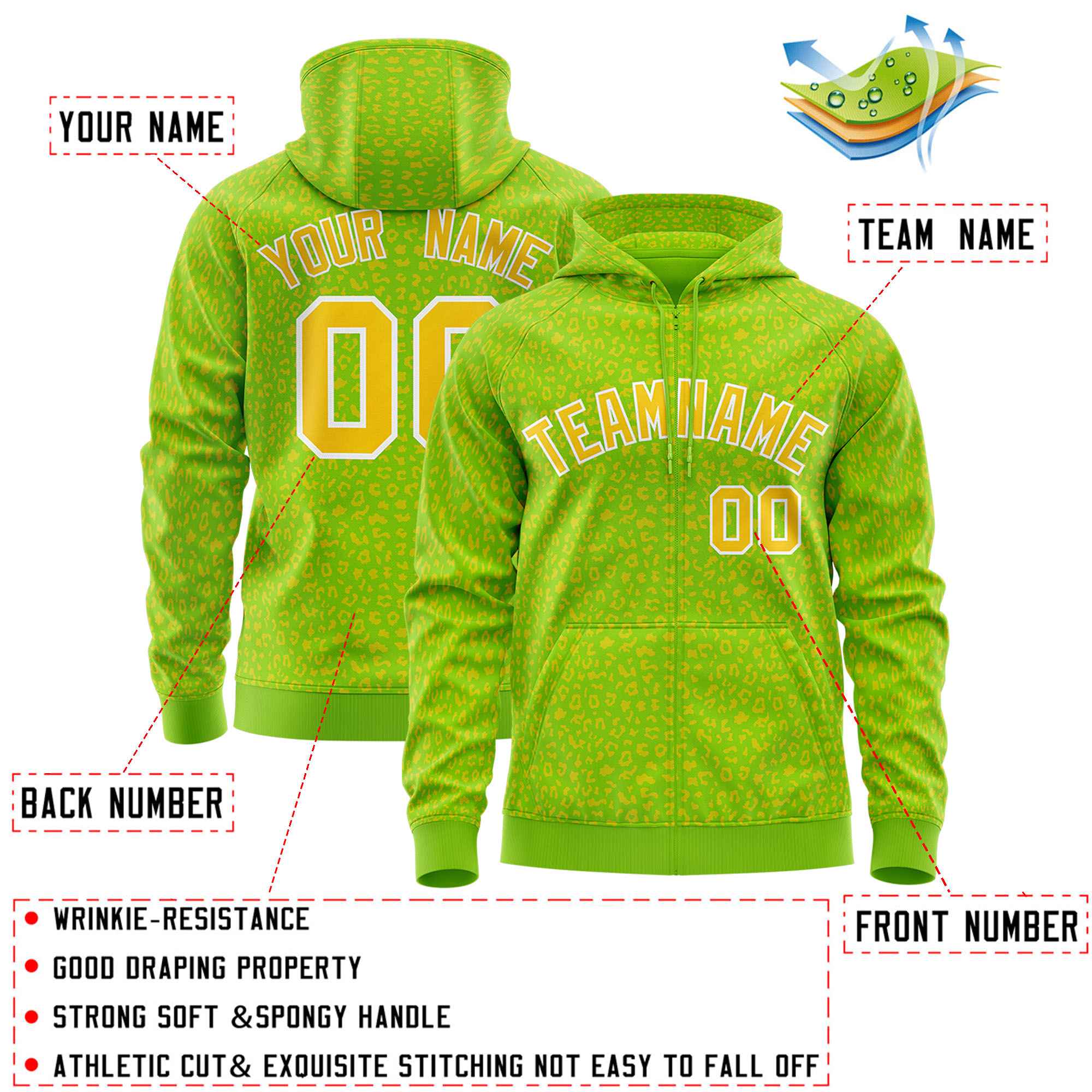 Custom Neon Green Gold Varsity Full-Zip Letterman Leopard Print Hoodie Jacket