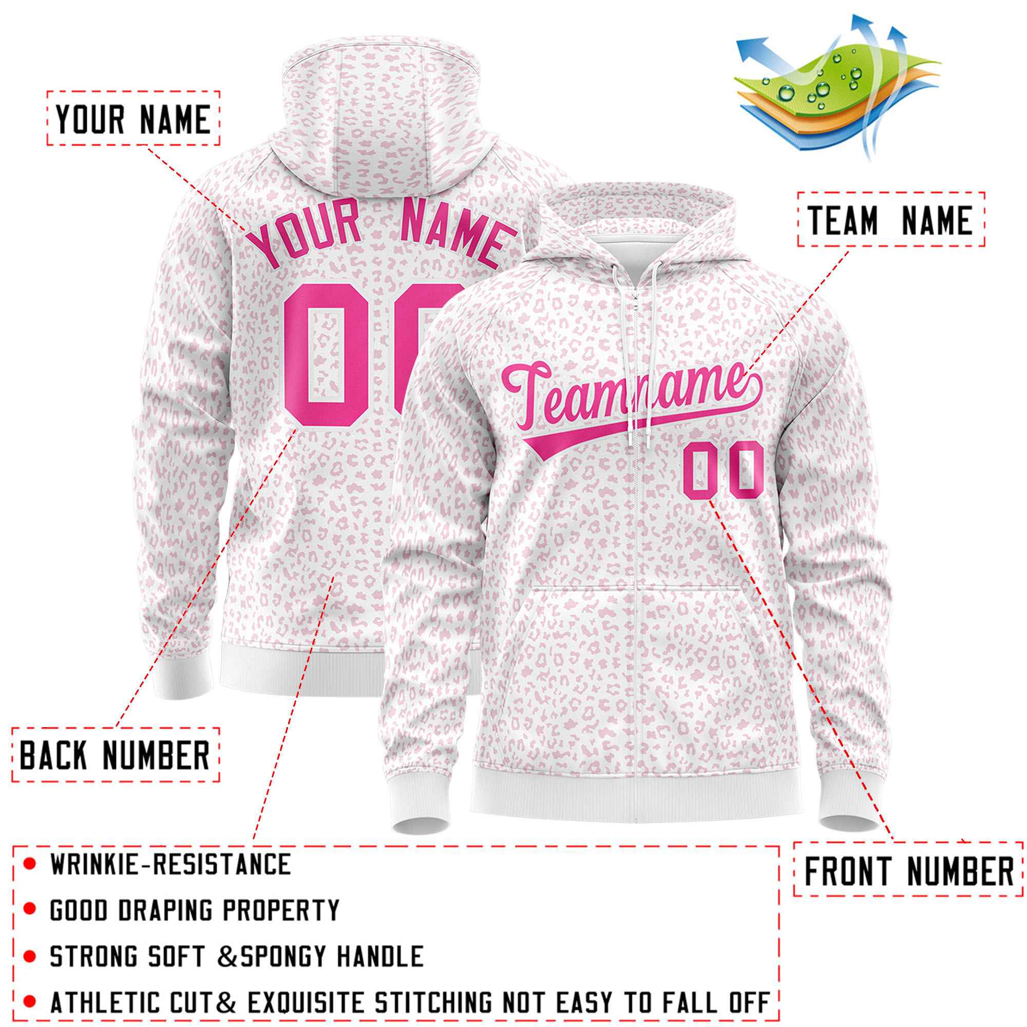 Custom White Pink Varsity Full-Zip Letterman Leopard Print Hoodie Jacket