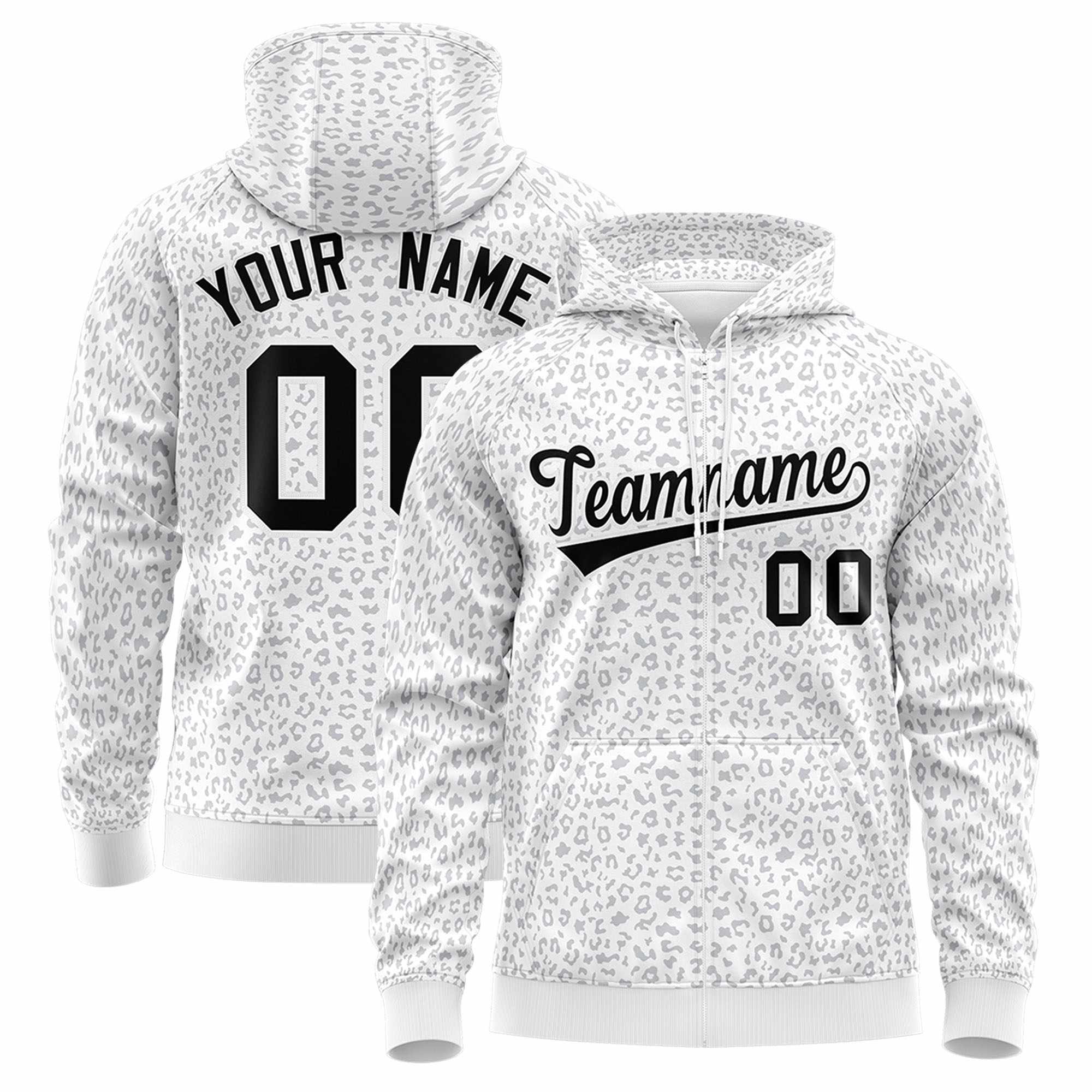 Custom White Black Varsity Full-Zip Letterman Leopard Print Hoodie Jacket