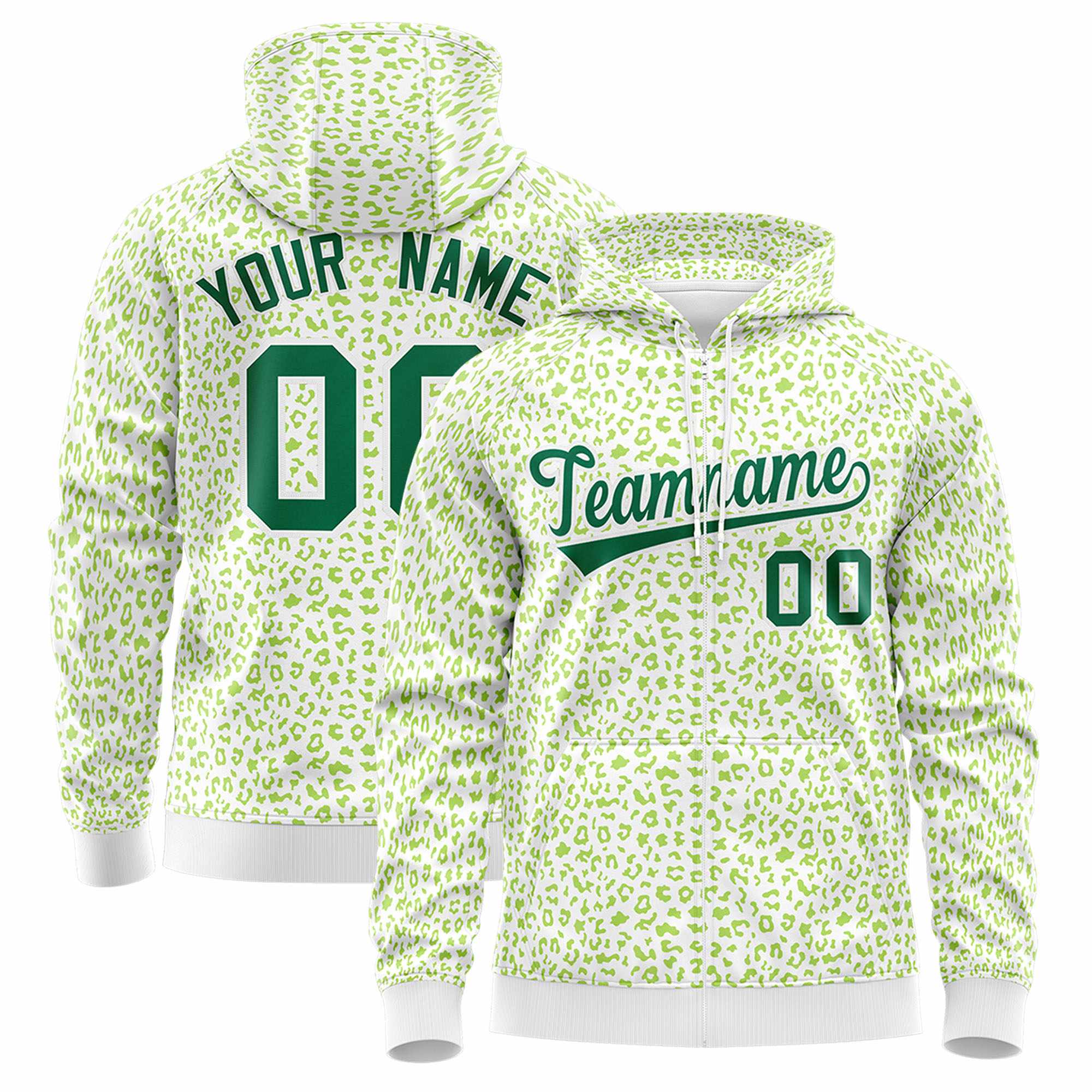 Custom Neon Green Green Varsity Full-Zip Letterman Leopard Print Hoodie Jacket