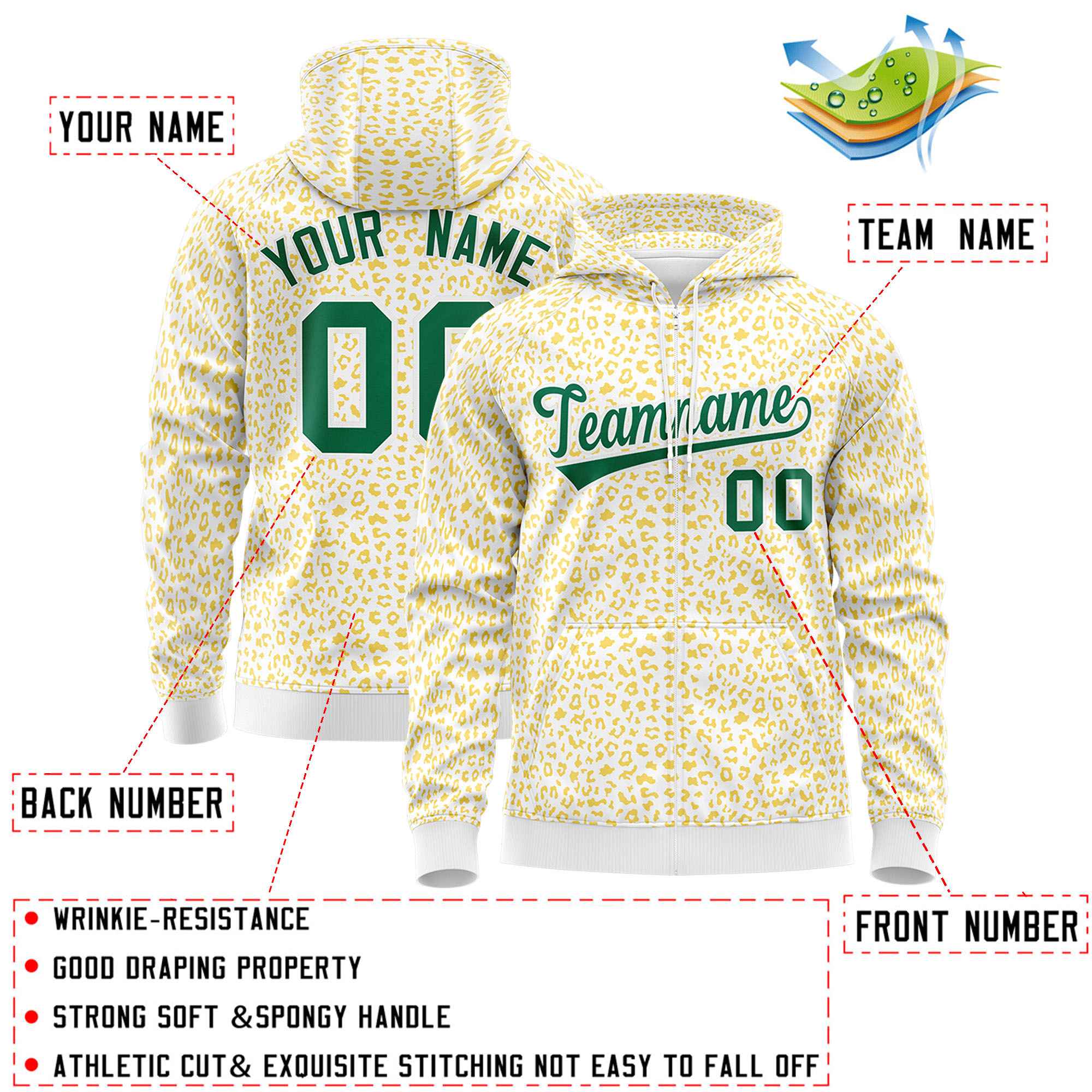 Custom White Gold Varsity Full-Zip Letterman Leopard Print Hoodie Jacket