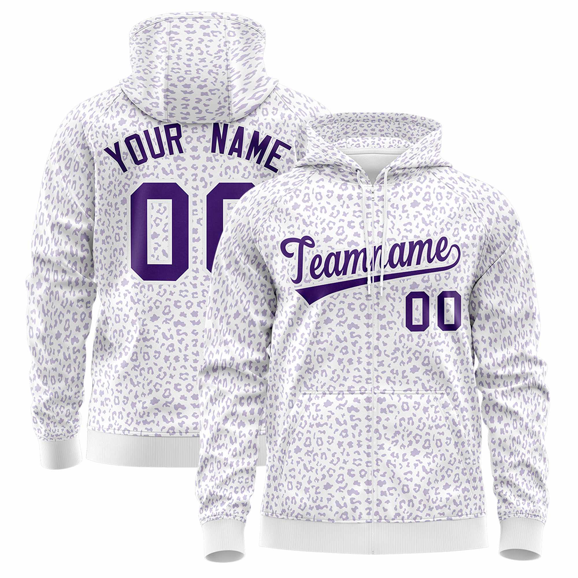 Custom Purple Light Purple Varsity Full-Zip Letterman Leopard Print Hoodie Jacket