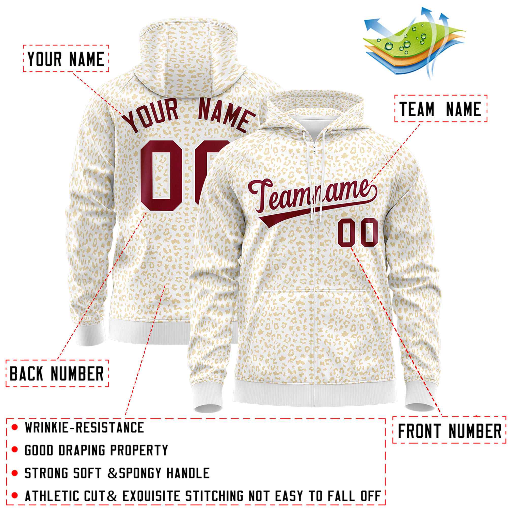 Custom White Khaki Varsity Full-Zip Letterman Leopard Print Hoodie Jacket