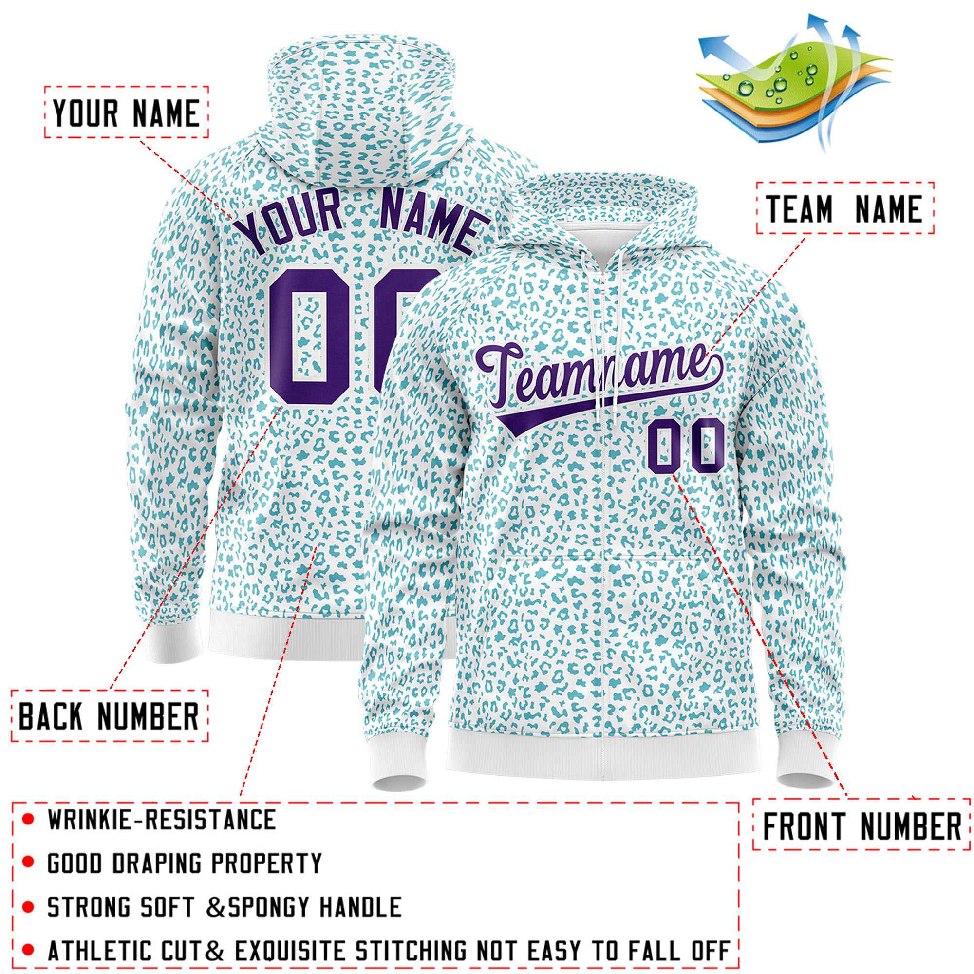 Custom White Teal Varsity Full-Zip Letterman Leopard Print Hoodie Jacket