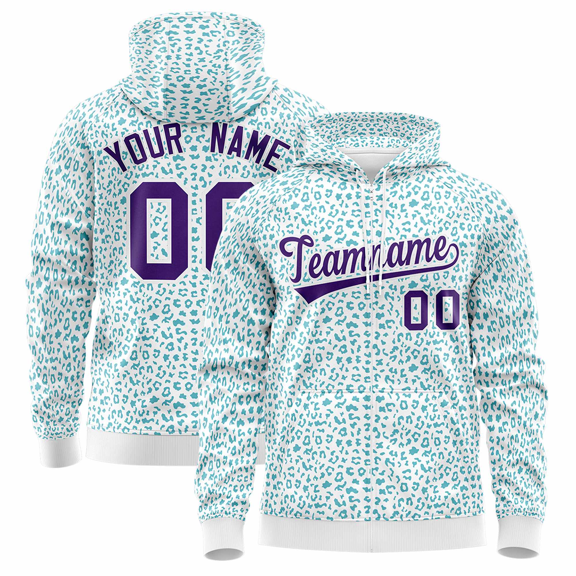 Custom White Teal Varsity Full-Zip Letterman Leopard Print Hoodie Jacket