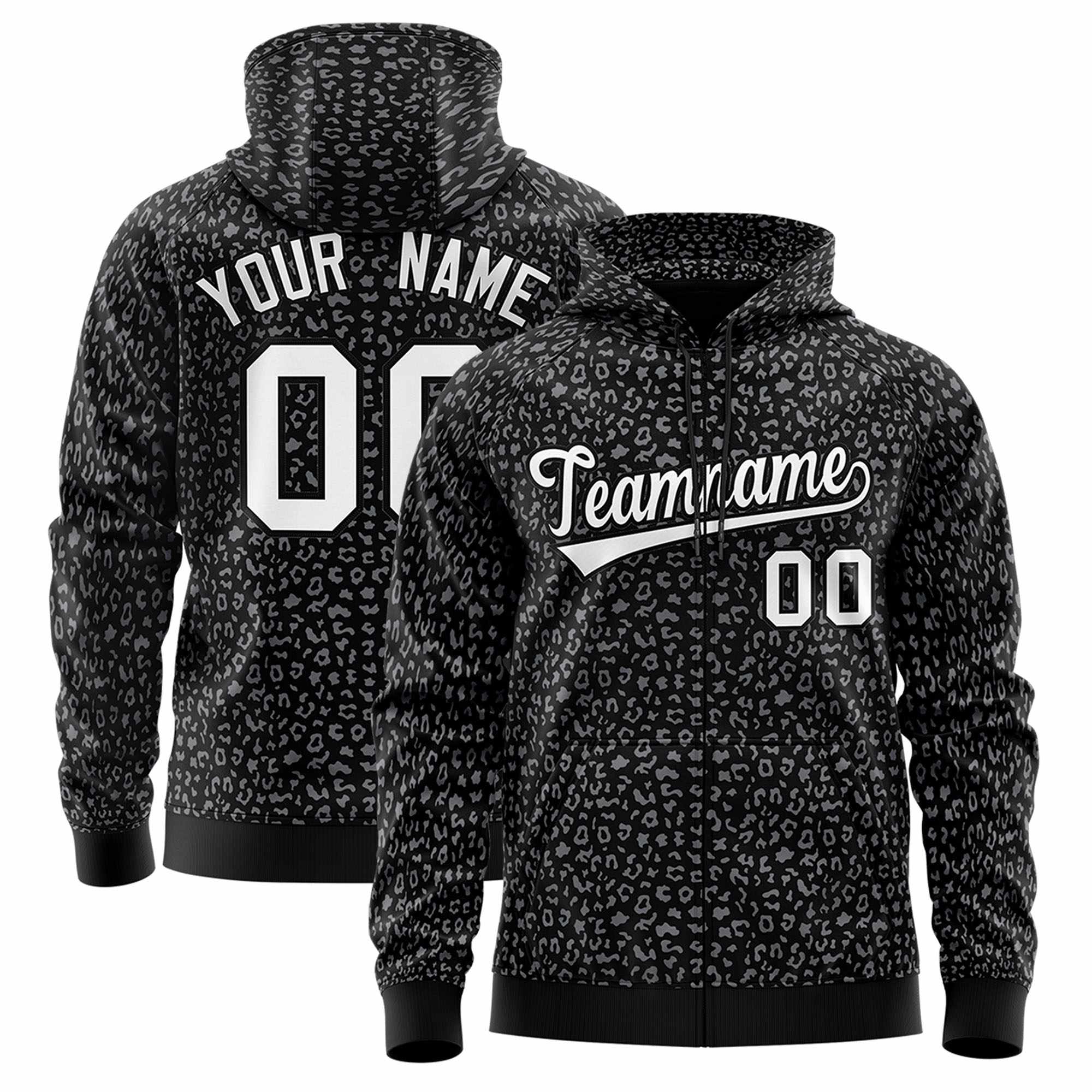 Custom Black Gray Varsity Full-Zip Letterman Leopard Print Hoodie Jacket