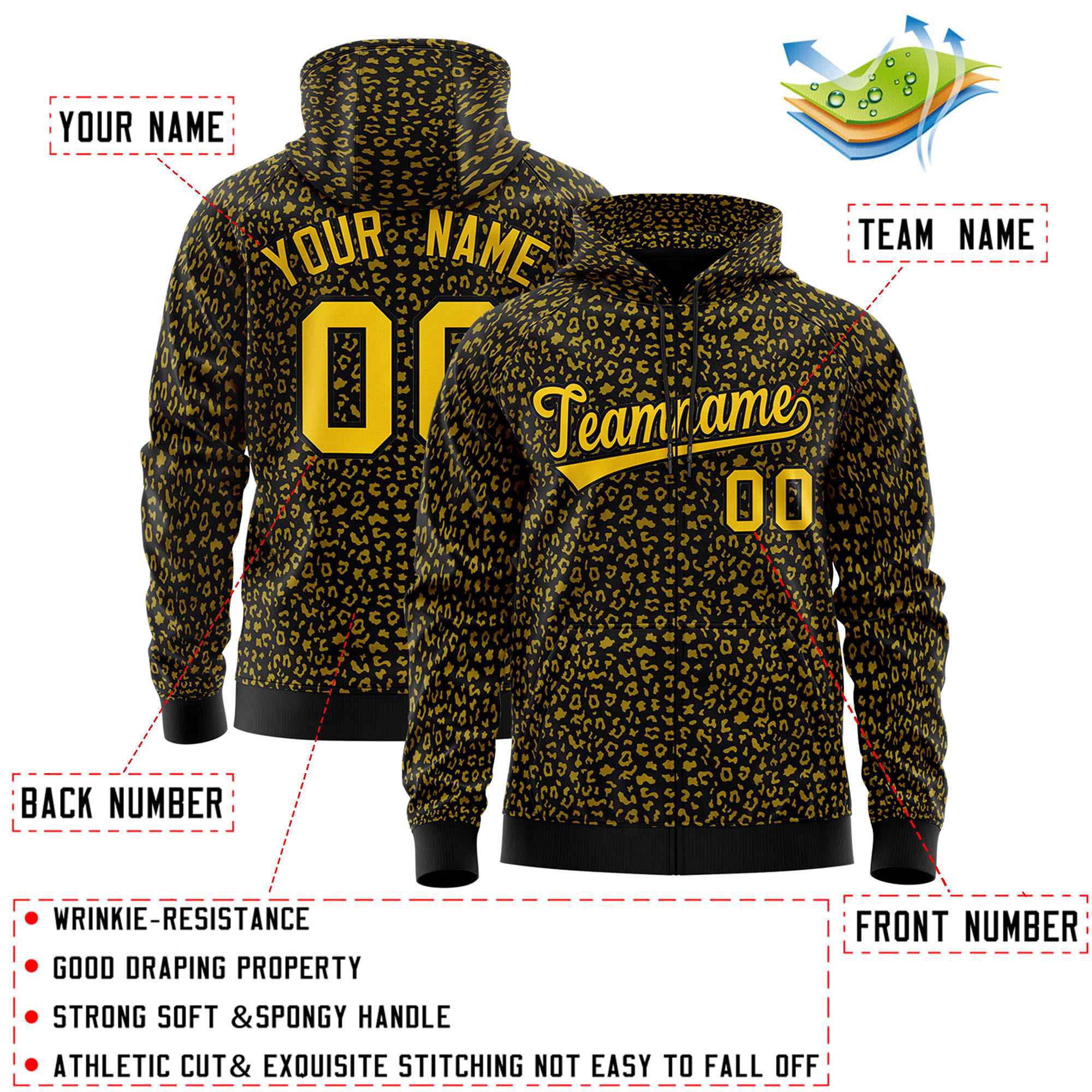 Custom Black Gold Varsity Full-Zip Letterman Leopard Print Hoodie Jacket