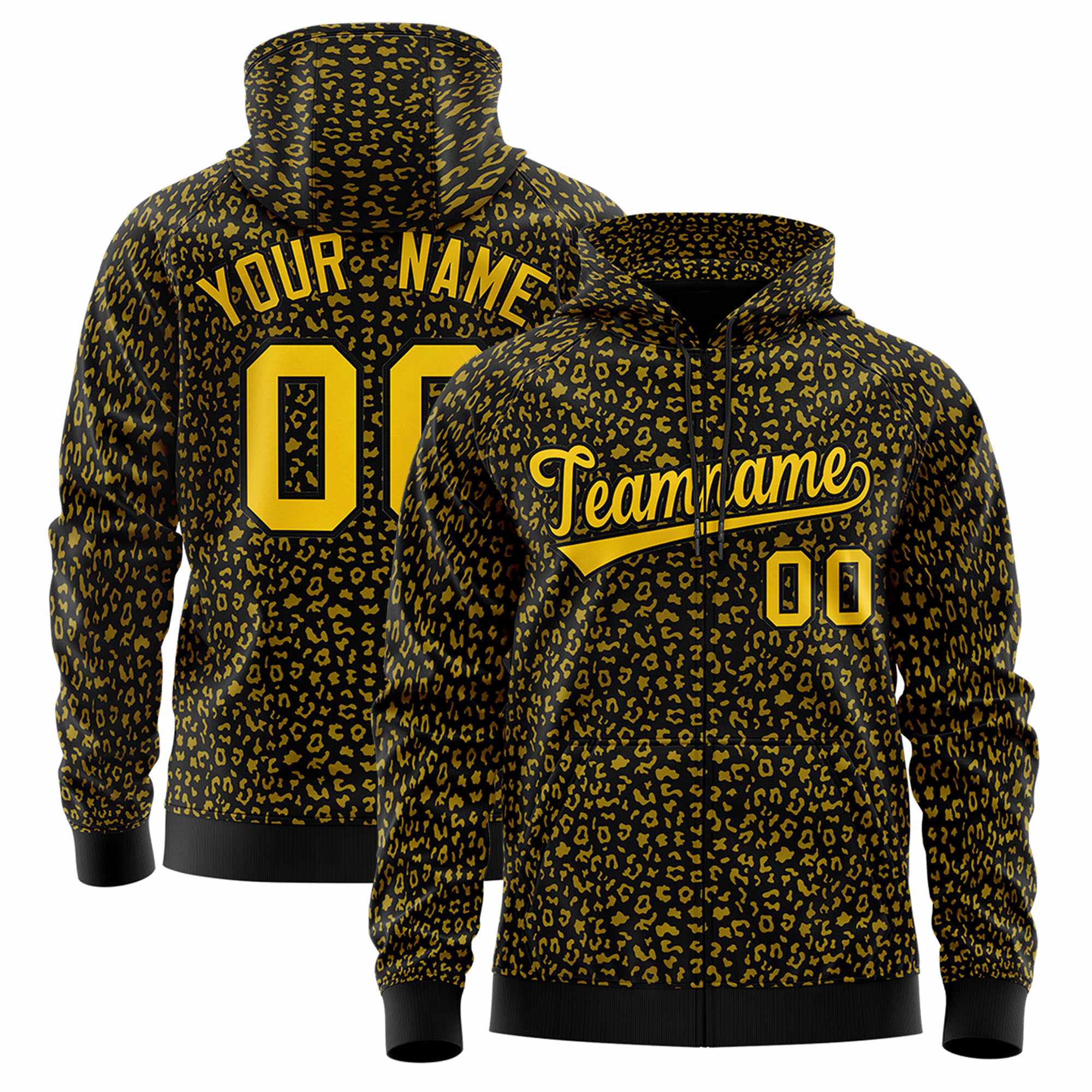 Custom Black Gold Varsity Full-Zip Letterman Leopard Print Hoodie Jacket