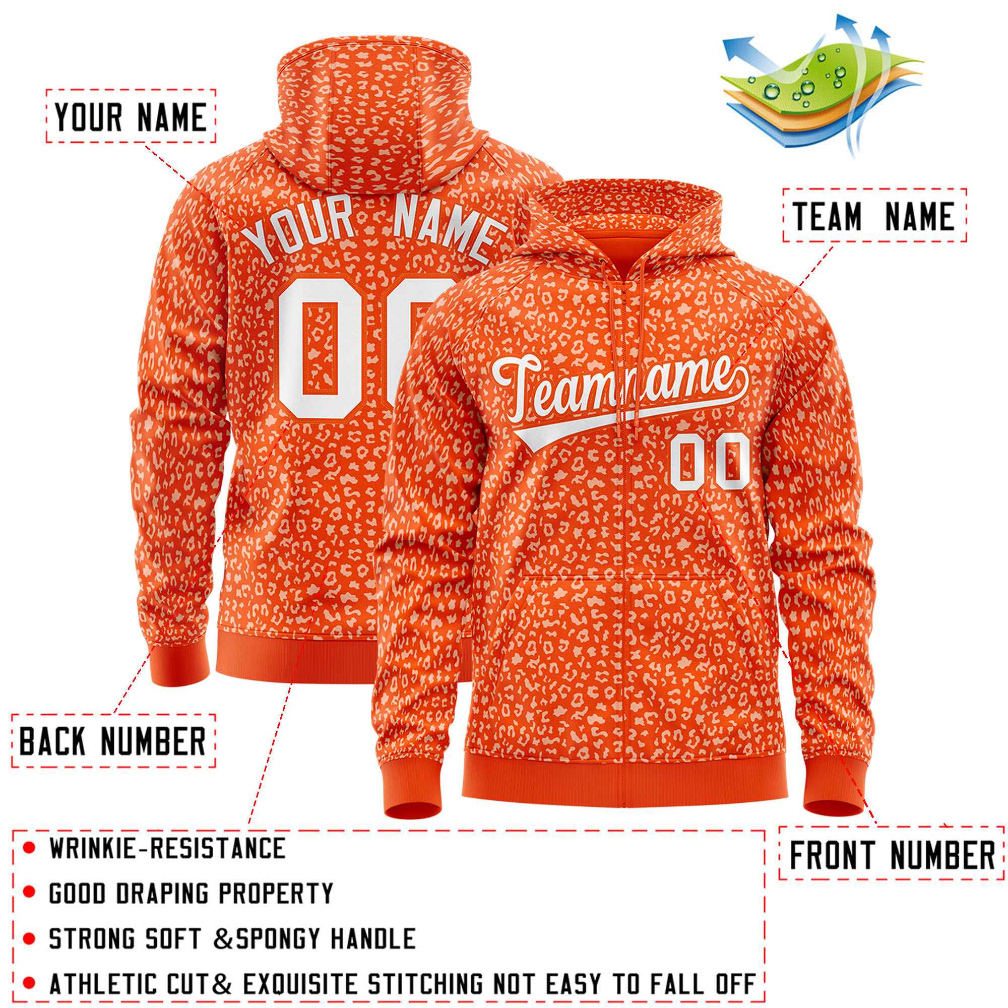 Custom Orange White Varsity Full-Zip Letterman Leopard Print Hoodie Jacket