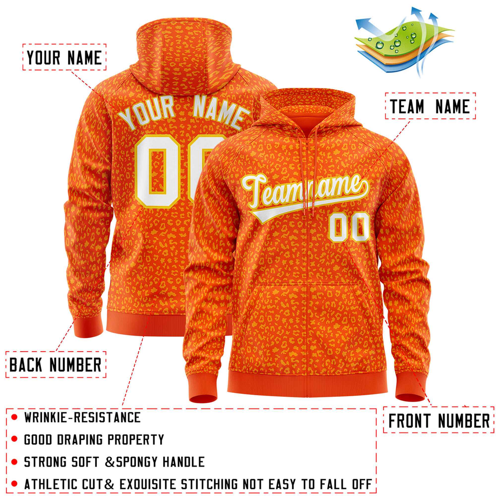 Custom Orange Gold Varsity Full-Zip Letterman Leopard Print Hoodie Jacket