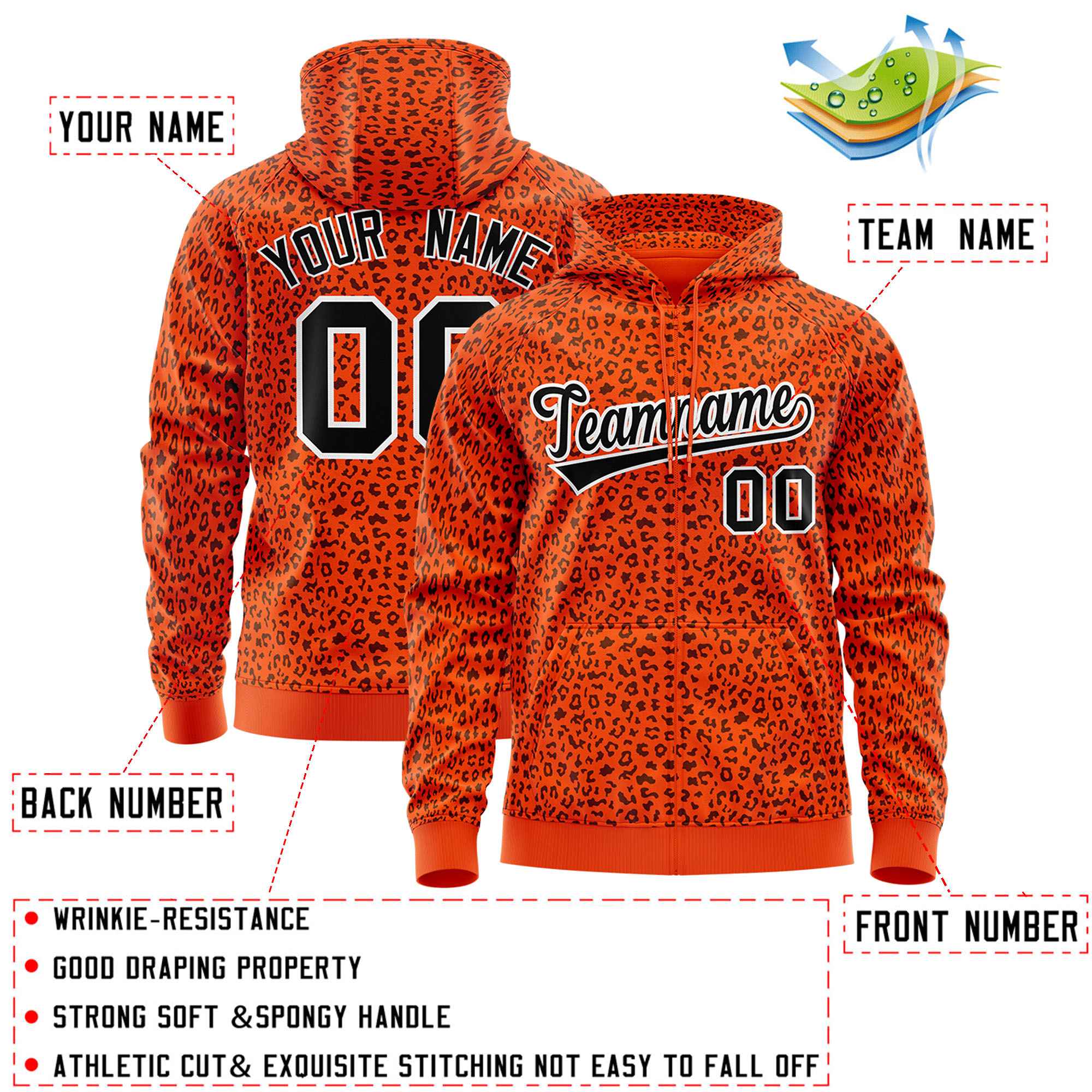 Custom Orange Black Varsity Full-Zip Letterman Leopard Print Hoodie Jacket