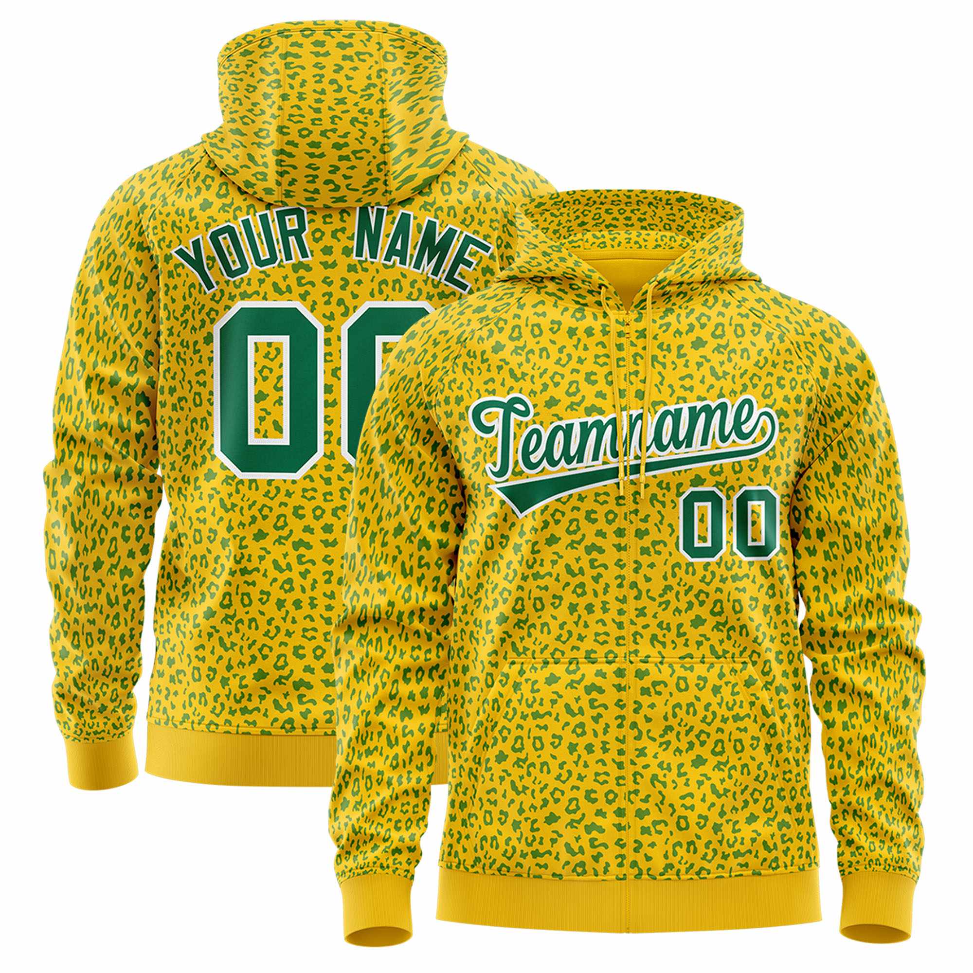 Custom Gold Kelly Green Varsity Full-Zip Letterman Leopard Print Hoodie Jacket