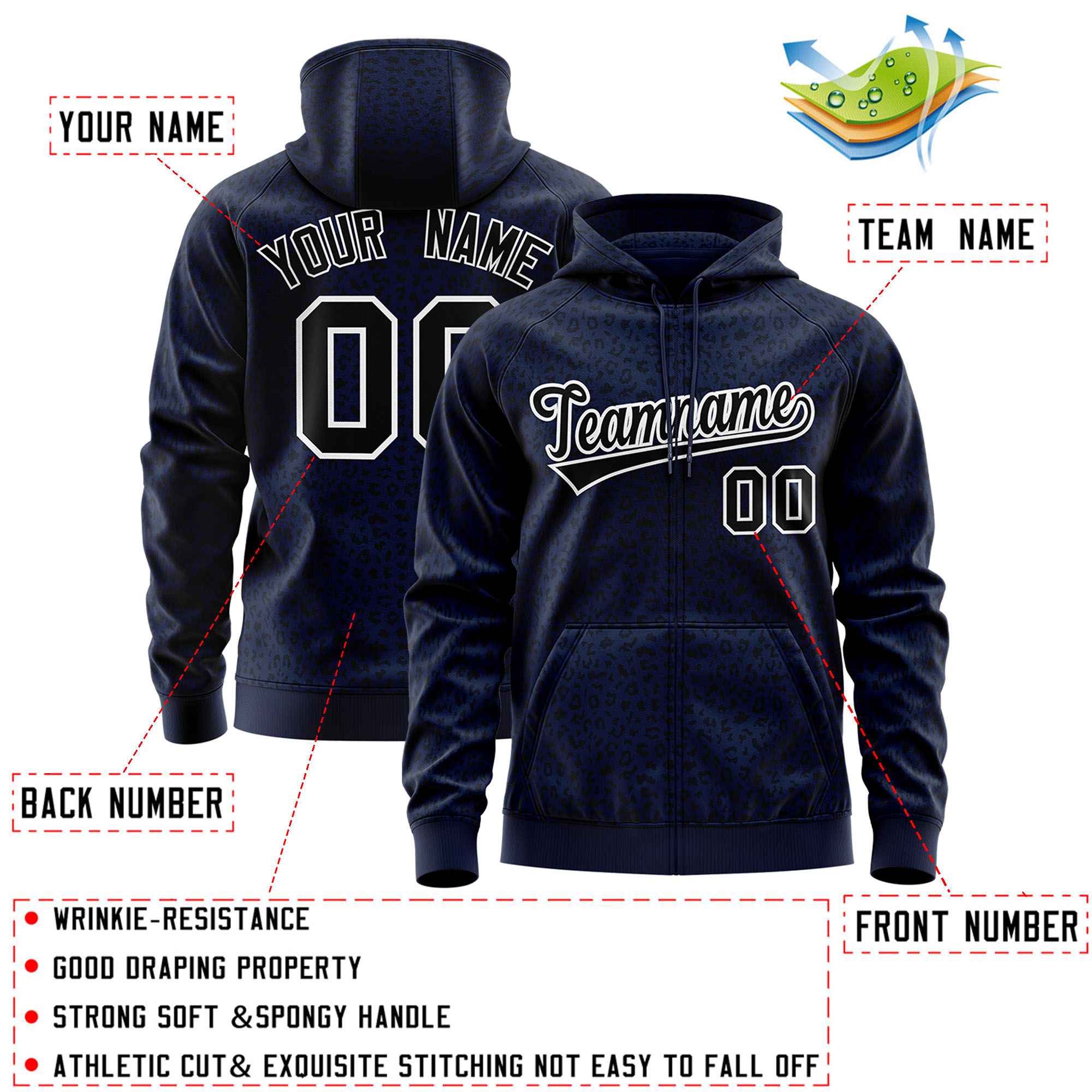 Custom Navy Black Varsity Full-Zip Letterman Leopard Print Hoodie Jacket