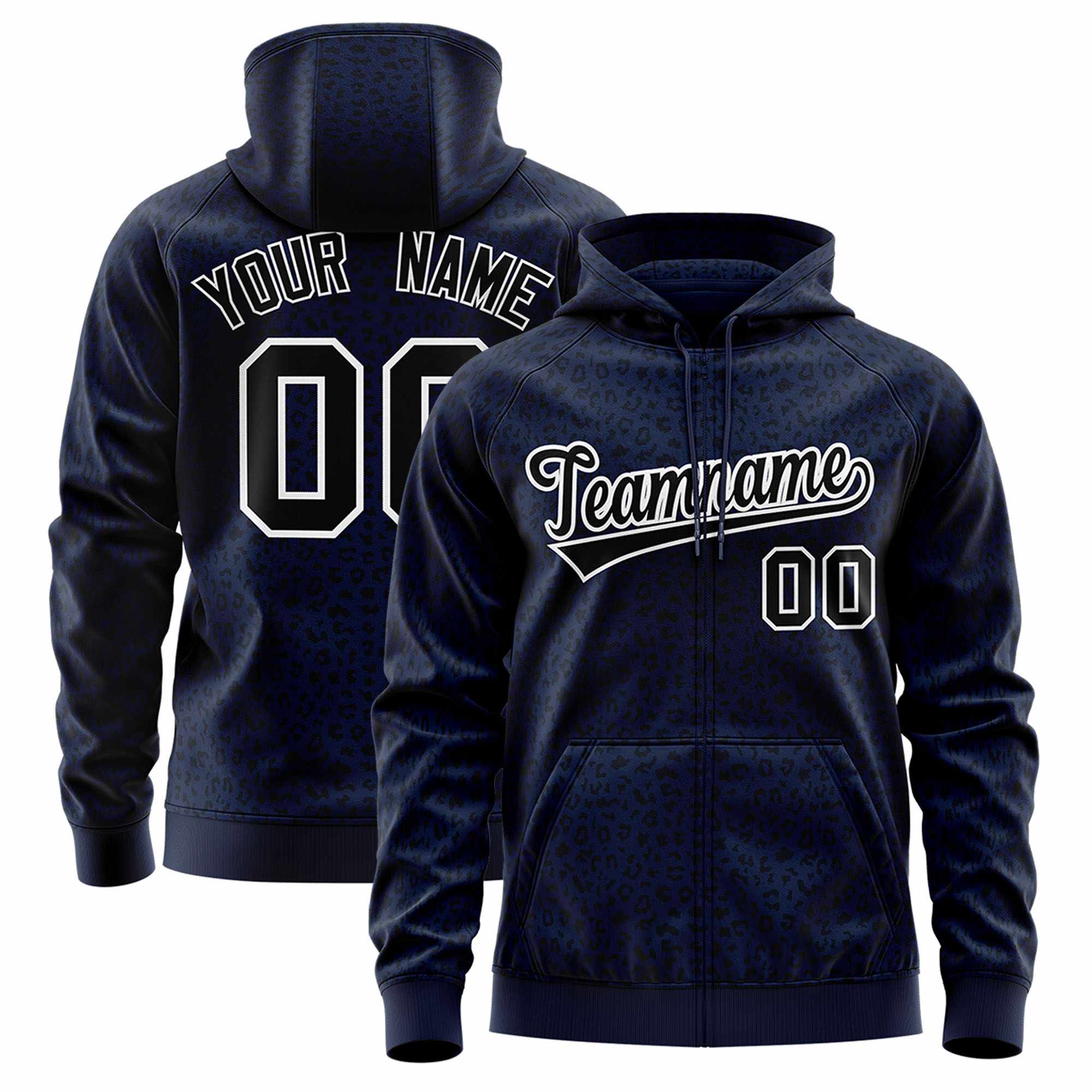 Custom Navy Black Varsity Full-Zip Letterman Leopard Print Hoodie Jacket