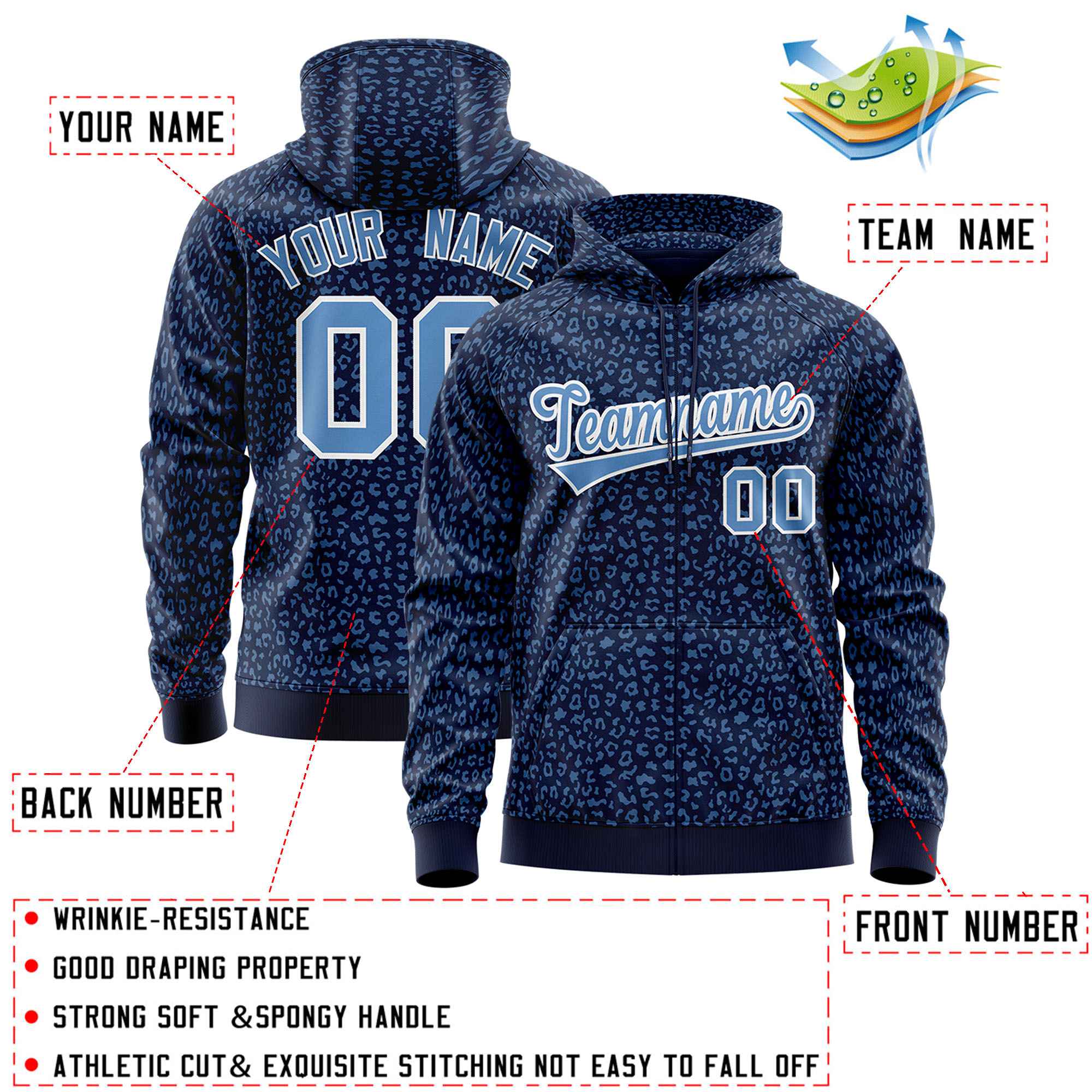 Custom Navy Light Blue Varsity Full-Zip Letterman Leopard Print Hoodie Jacket