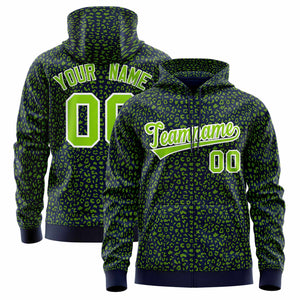 Custom Navy Neon Green Varsity Full-Zip Letterman Leopard Print Hoodie Jacket