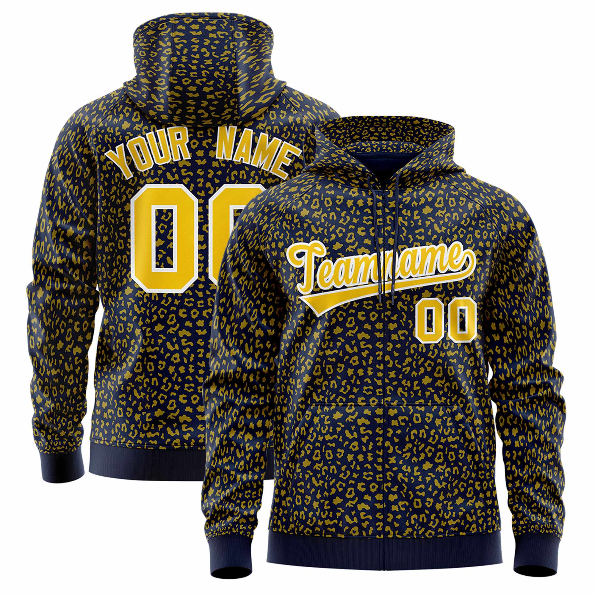 Custom Navy Gold Varsity Full-Zip Letterman Leopard Print Hoodie Jacket