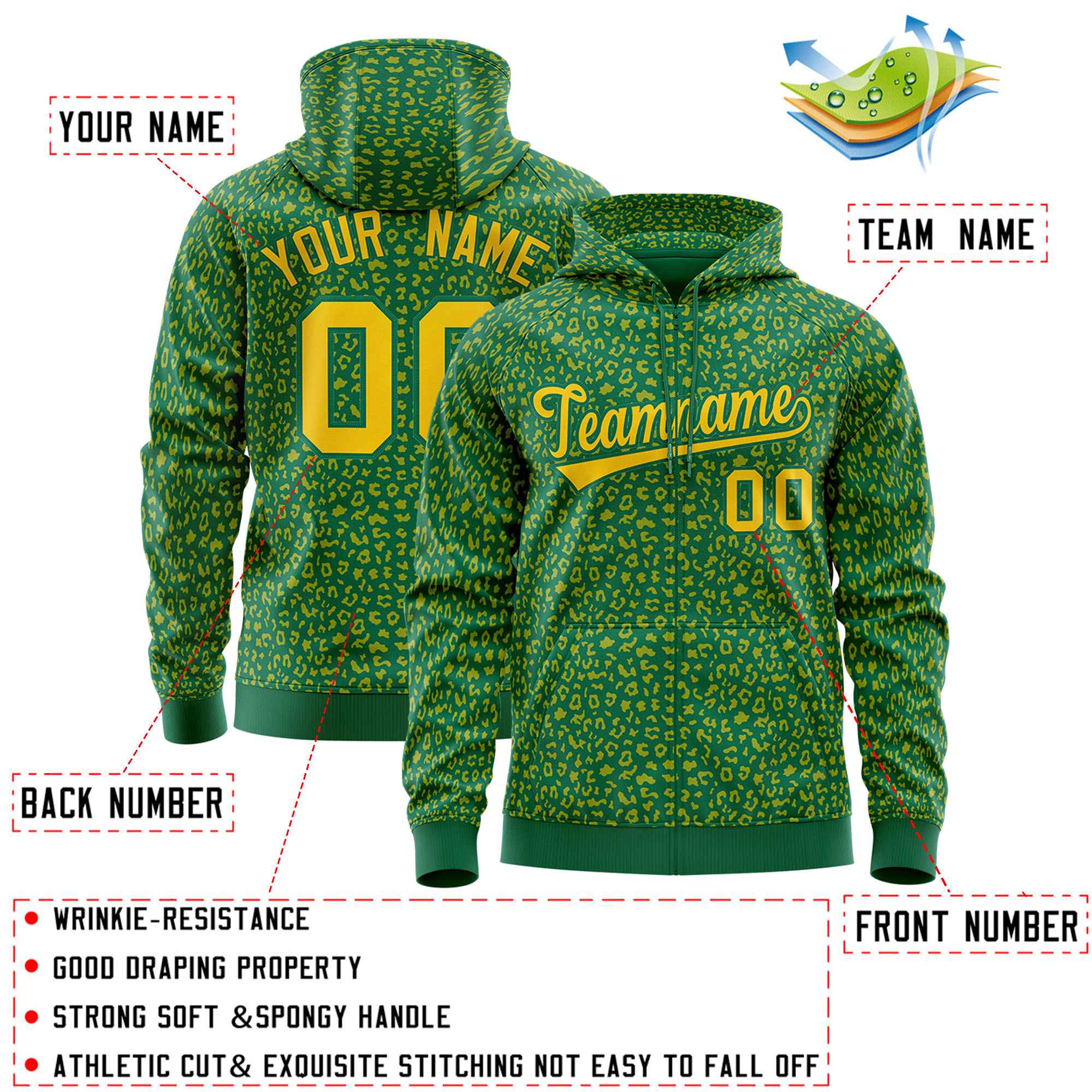 Custom Kelly Green Gold Varsity Full-Zip Letterman Leopard Print Hoodie Jacket