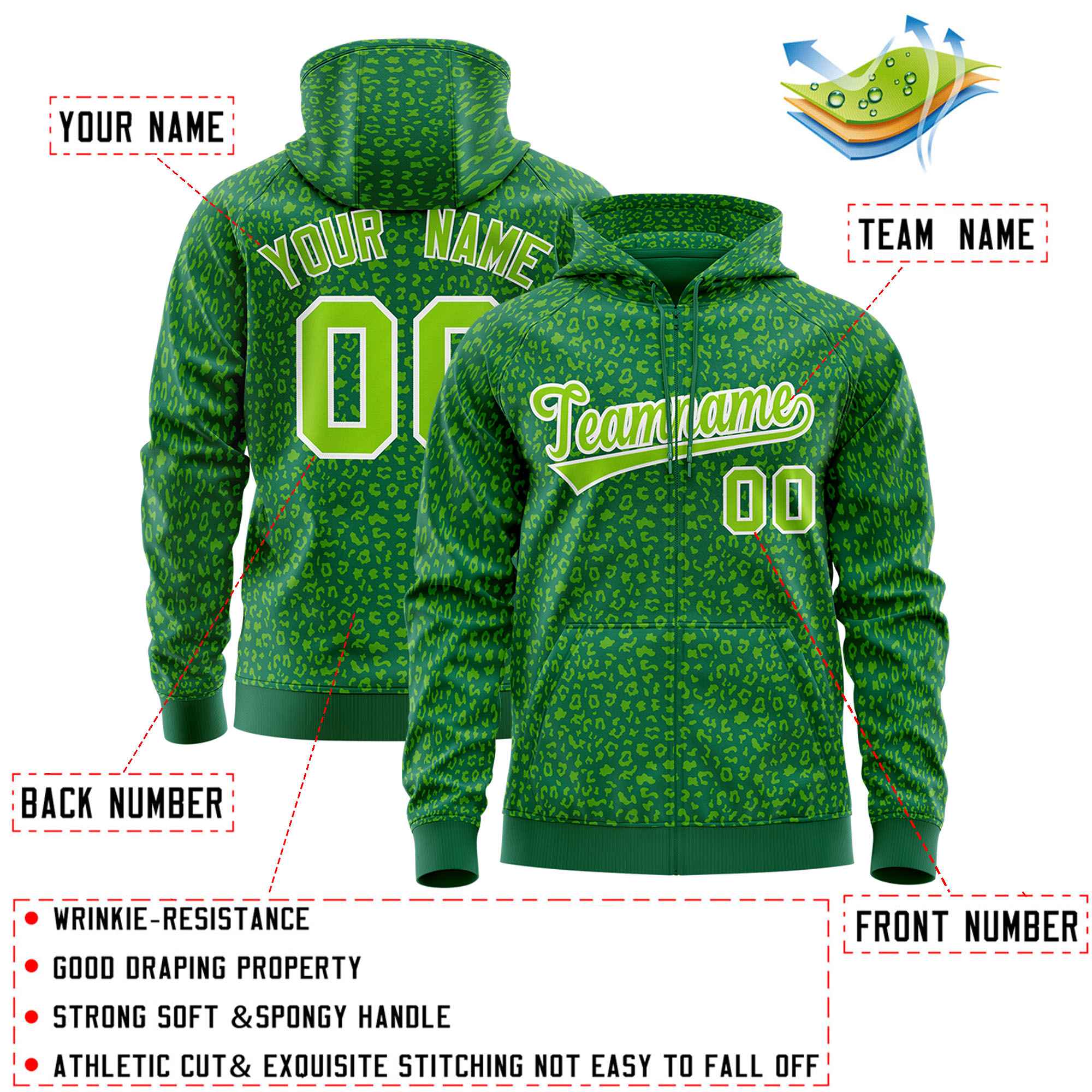 Custom Kelly Green Neon Green Varsity Full-Zip Letterman Leopard Print Hoodie Jacket