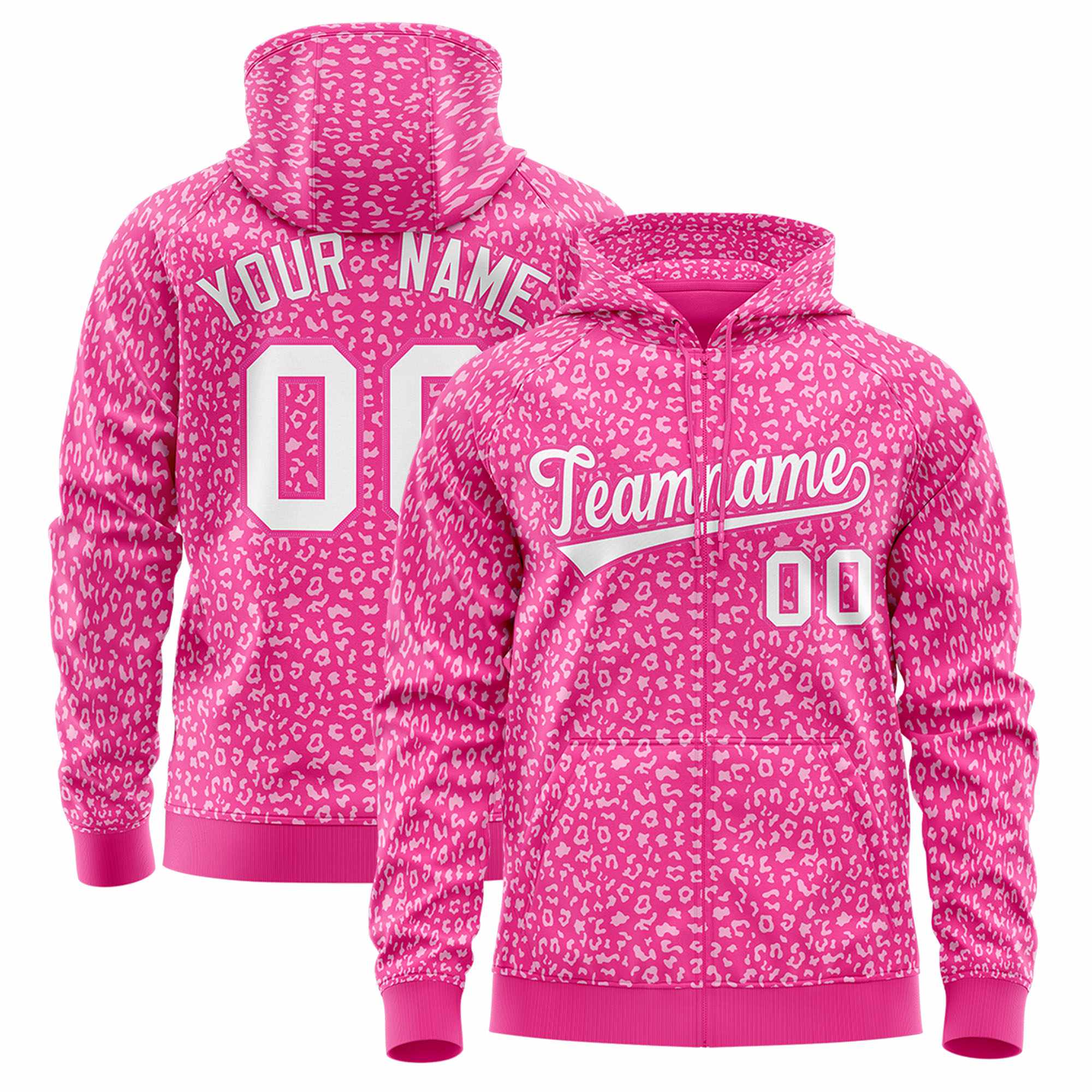 Custom Pink White Varsity Full-Zip Letterman Leopard Print Hoodie Jacket