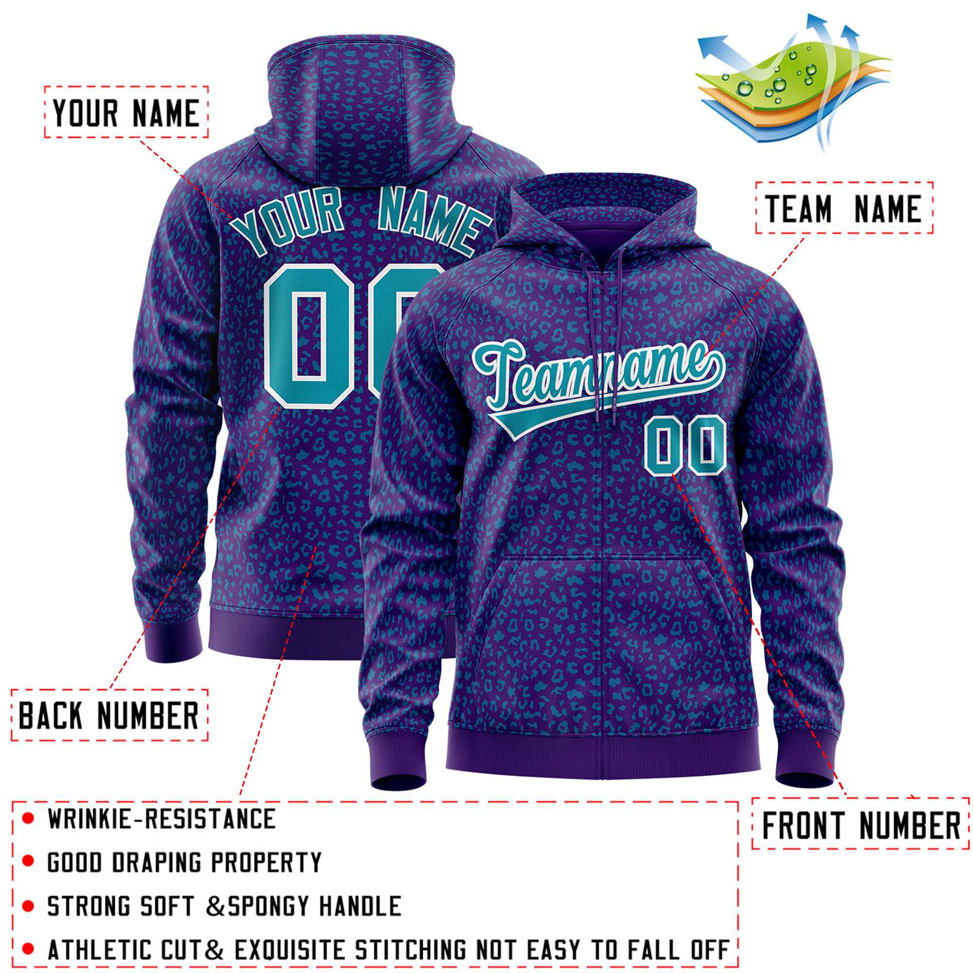 Custom Purple Teal Varsity Full-Zip Letterman Leopard Print Hoodie Jacket