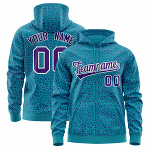 Custom Teal Purple Varsity Full-Zip Letterman Leopard Print Hoodie Jacket