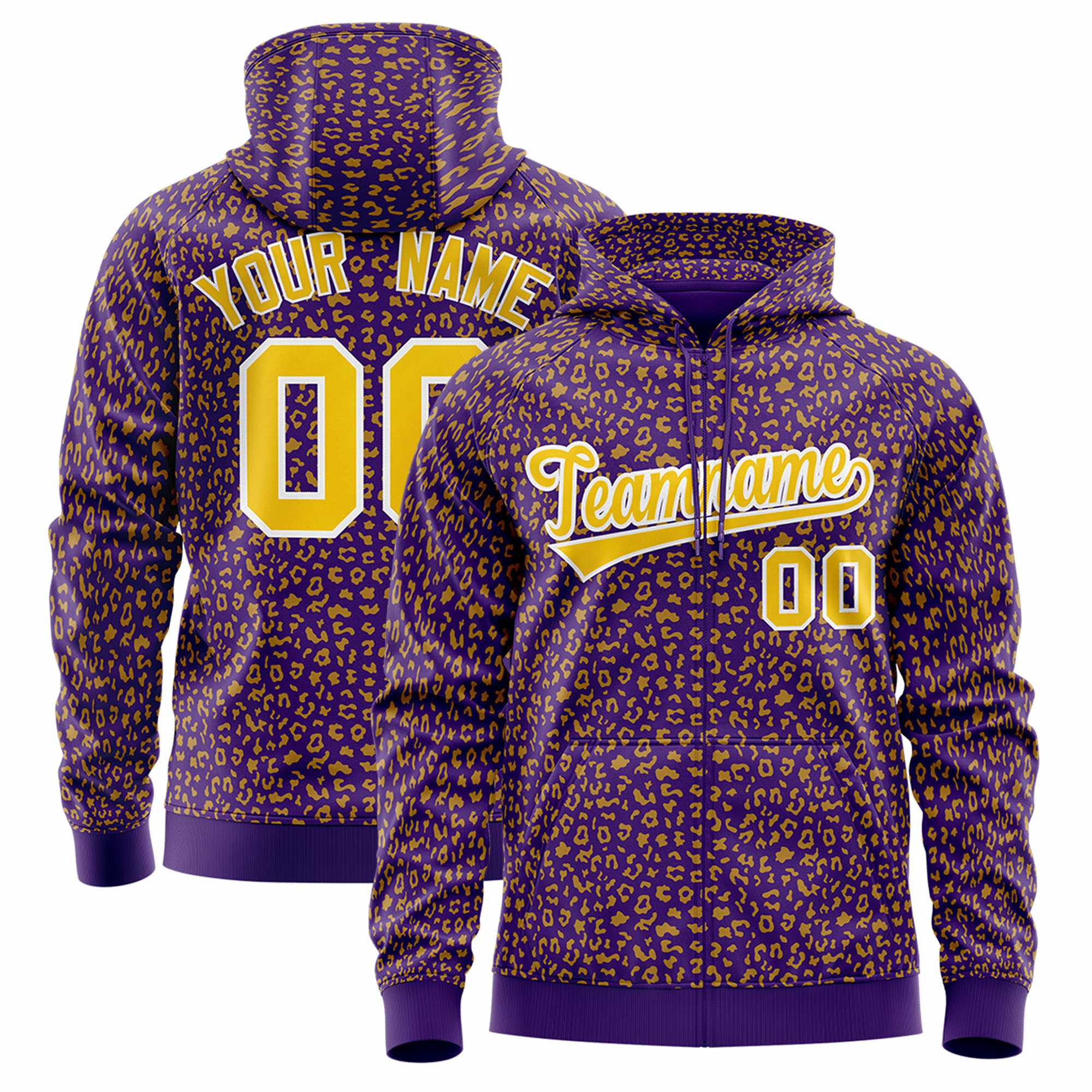 Custom Purple Gold Varsity Full-Zip Letterman Leopard Print Hoodie Jacket