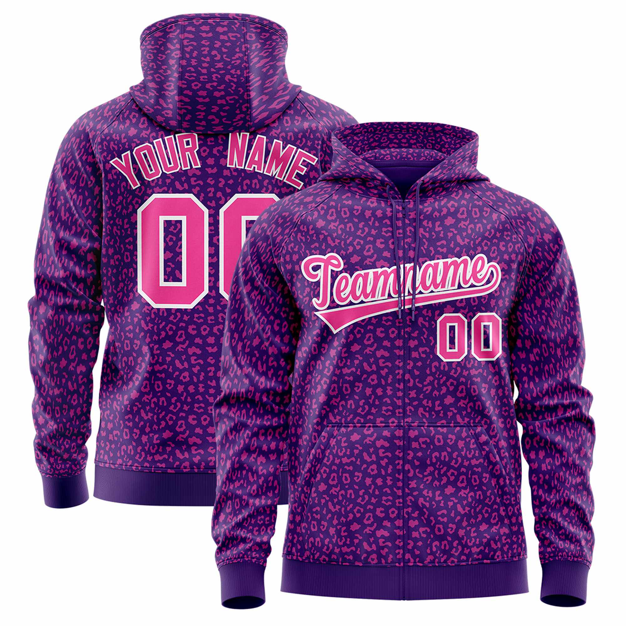 Custom Purple Pink Varsity Full-Zip Letterman Leopard Print Hoodie Jacket