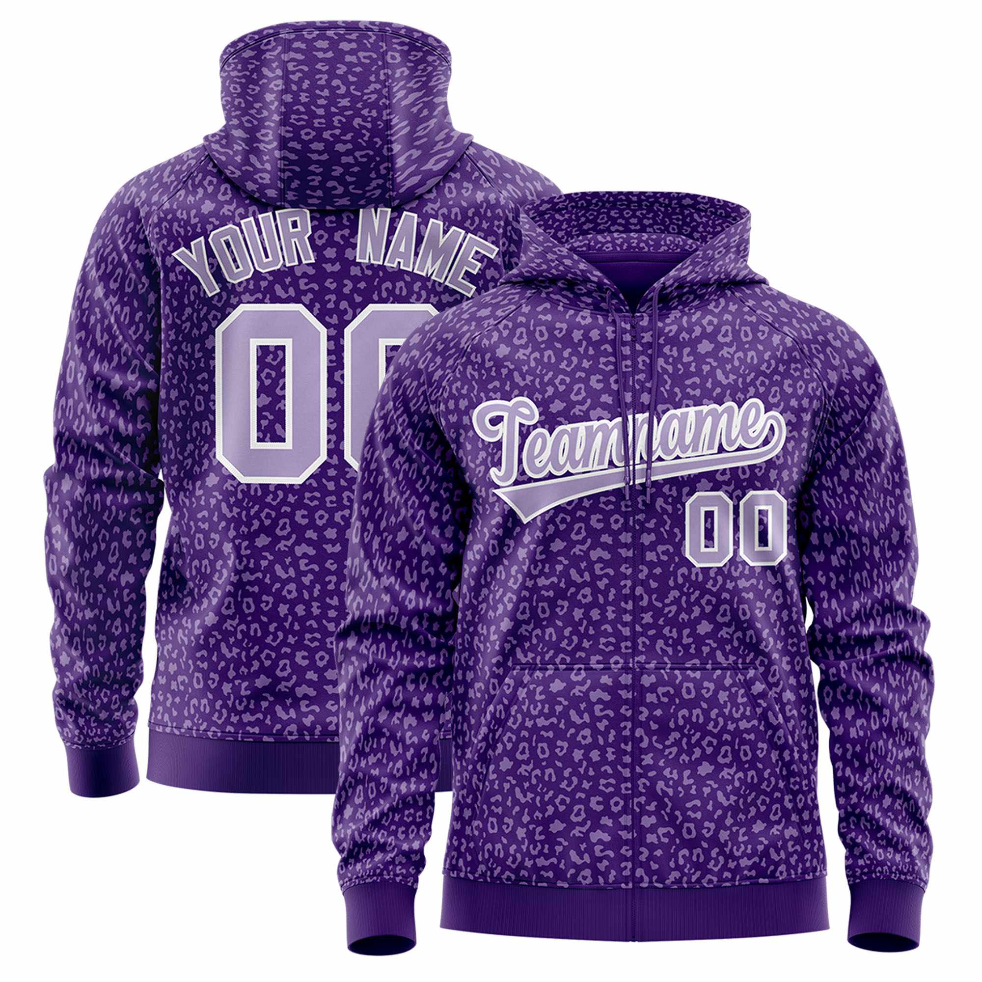 Custom White Purple Varsity Full-Zip Letterman Leopard Print Hoodie Jacket