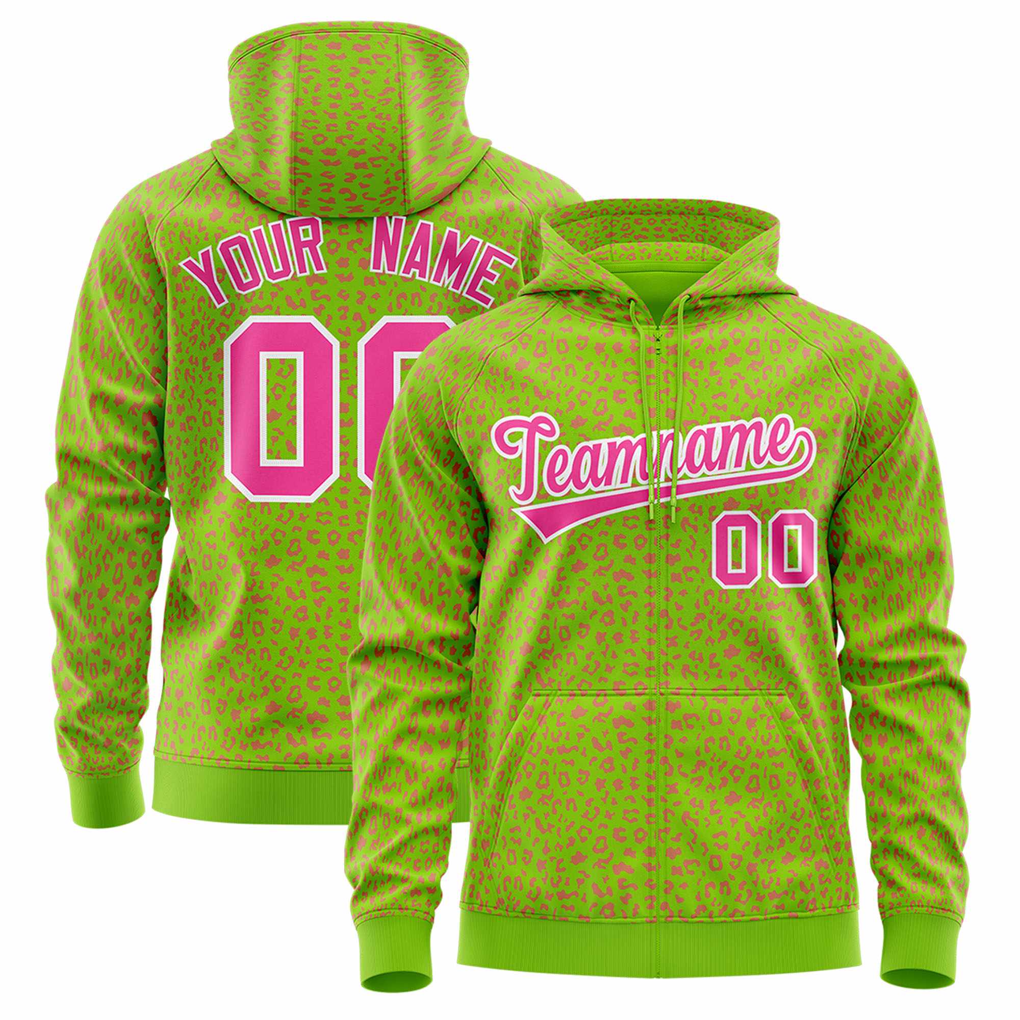 Custom Neon Green Pink Varsity Full-Zip Letterman Leopard Print Hoodie Jacket