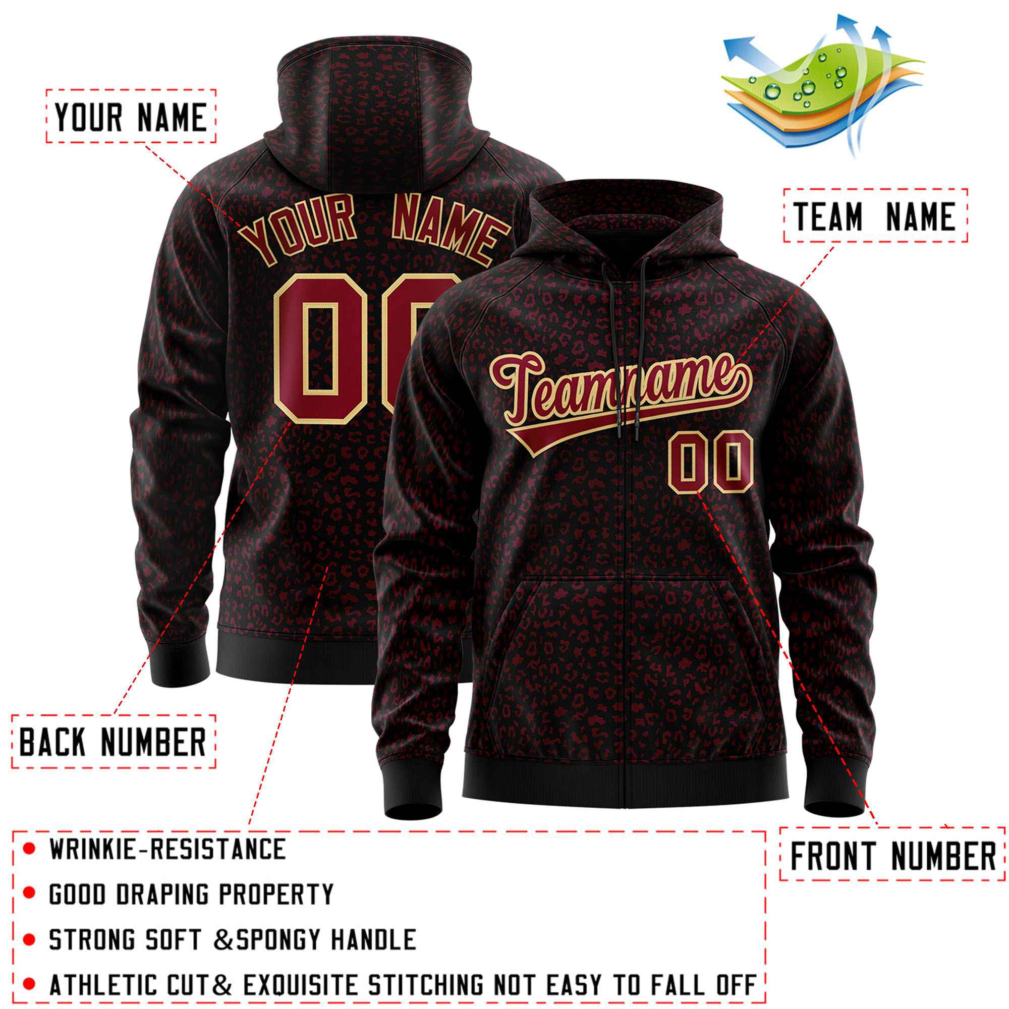 Custom Black Crimson Varsity Full-Zip Letterman Leopard Print Hoodie Jacket