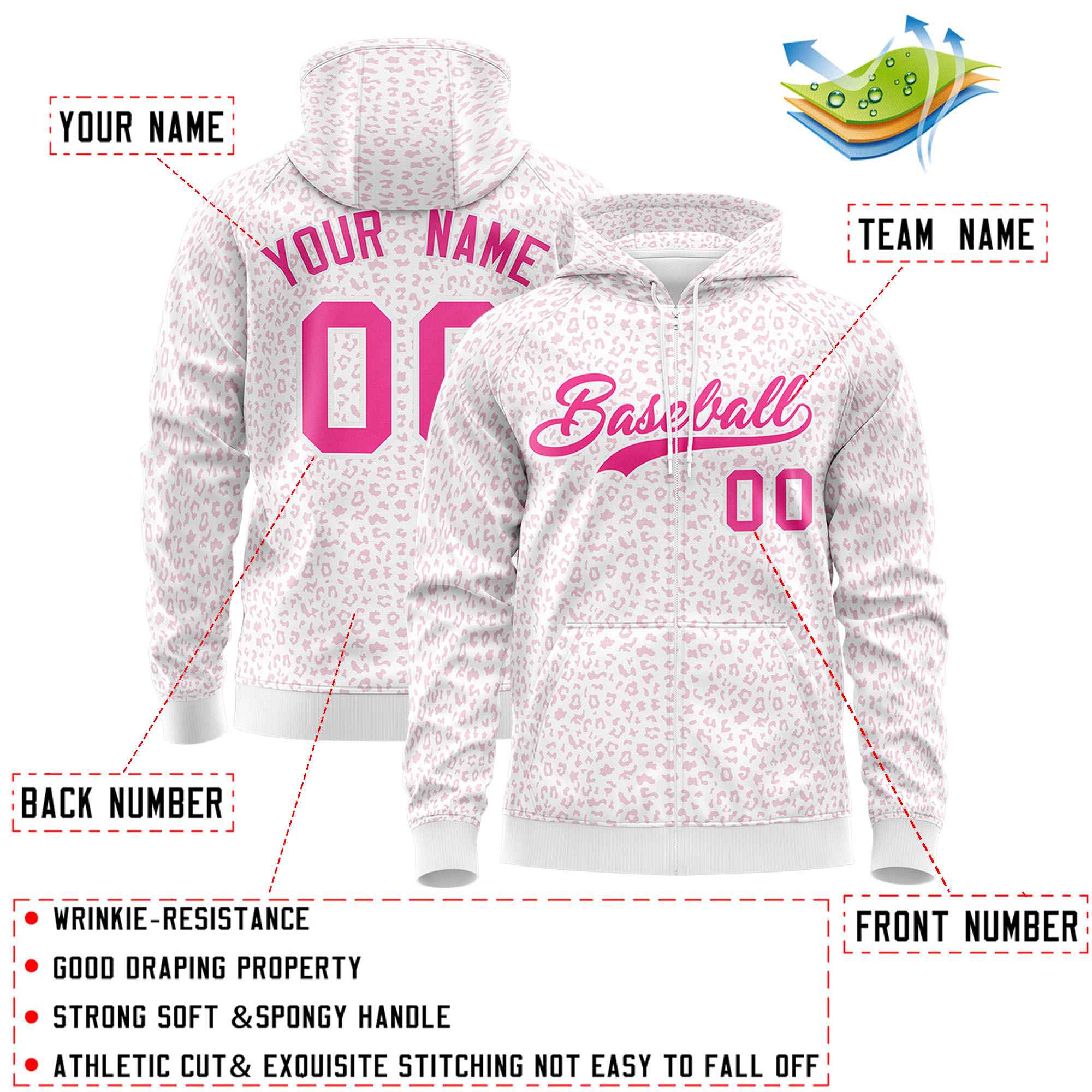 Custom White Pink Varsity Full-Zip Letterman Leopard Print Hoodie Jacket