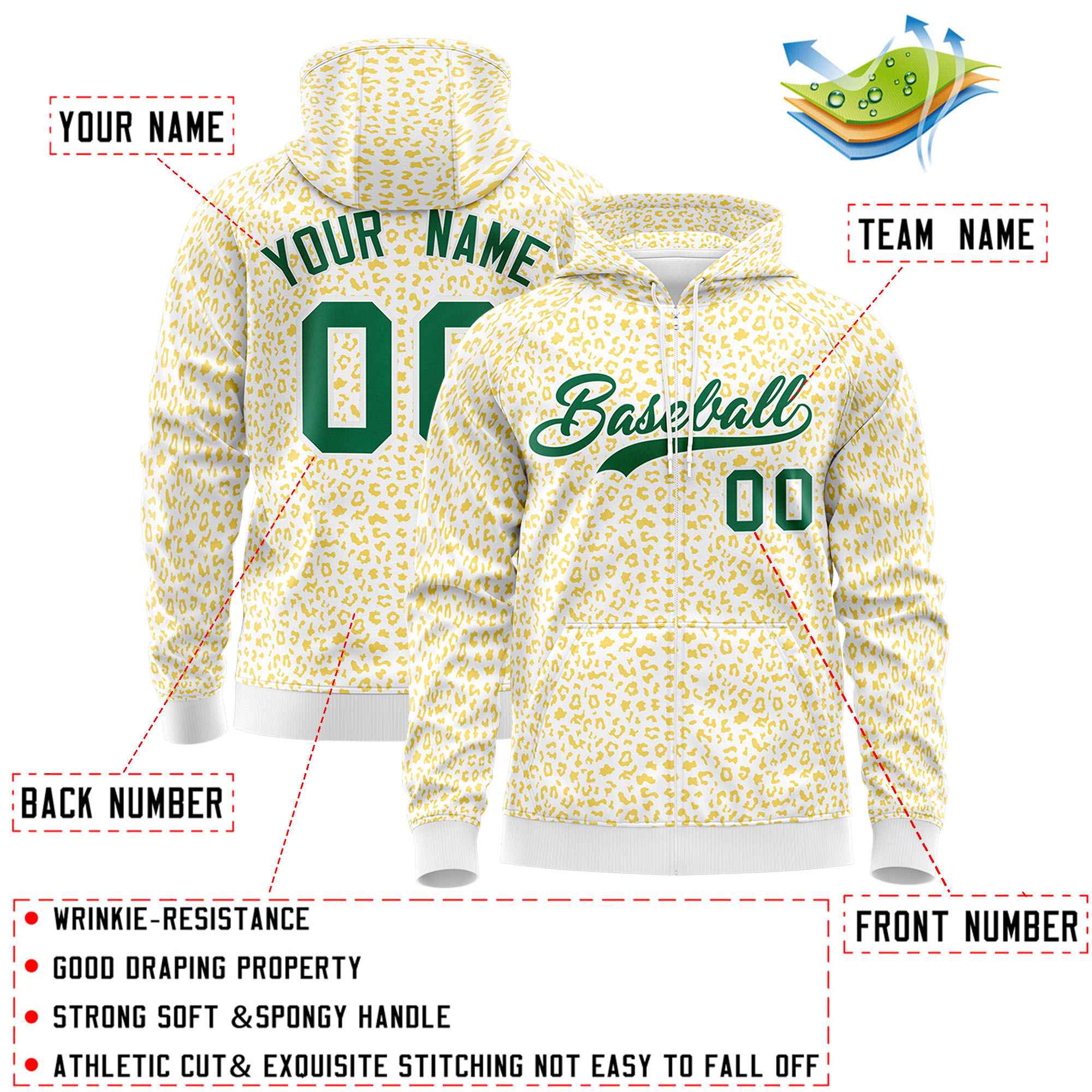 Custom White Gold Varsity Full-Zip Letterman Leopard Print Hoodie Jacket