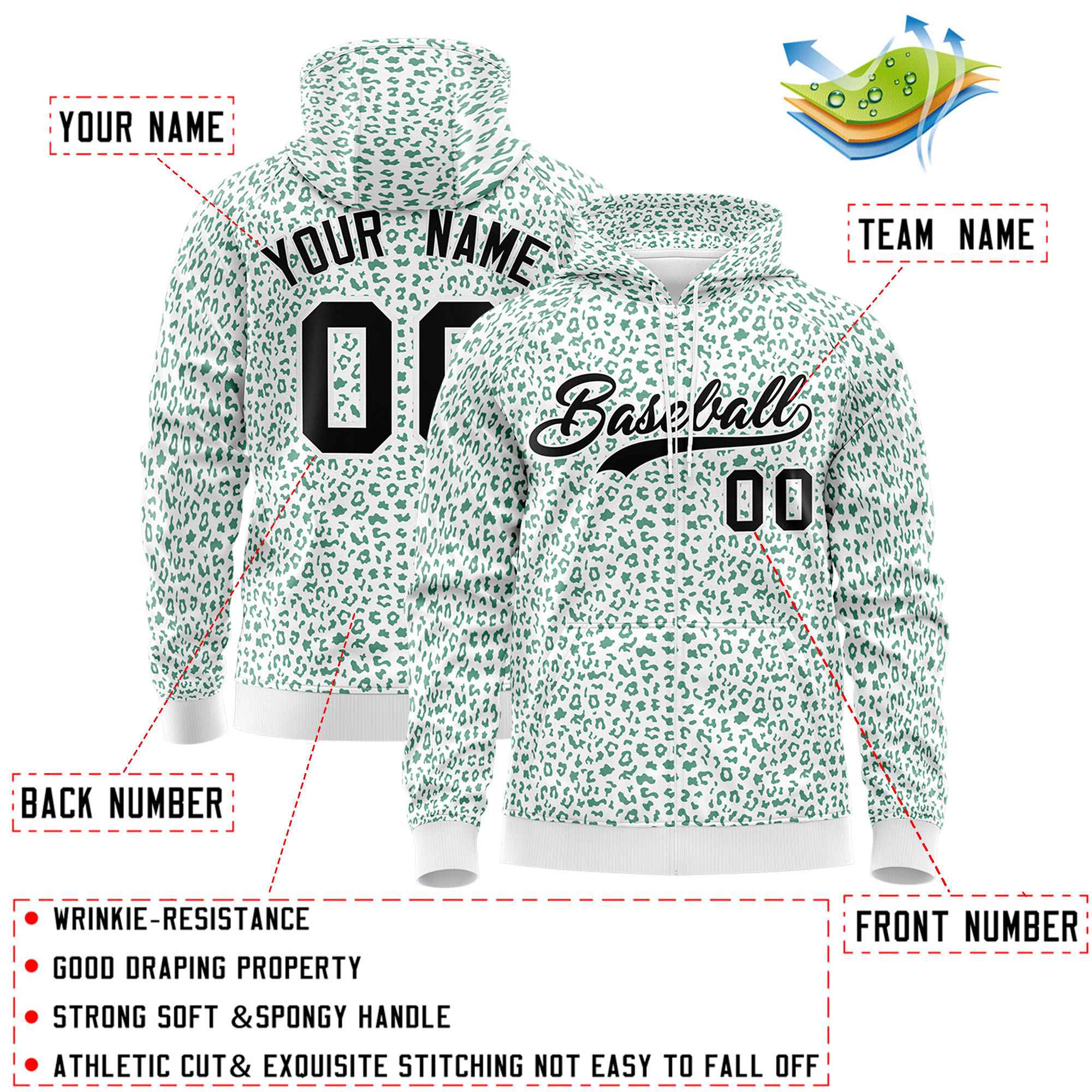 Custom White Kelly Green Varsity Full-Zip Letterman Leopard Print Hoodie Jacket