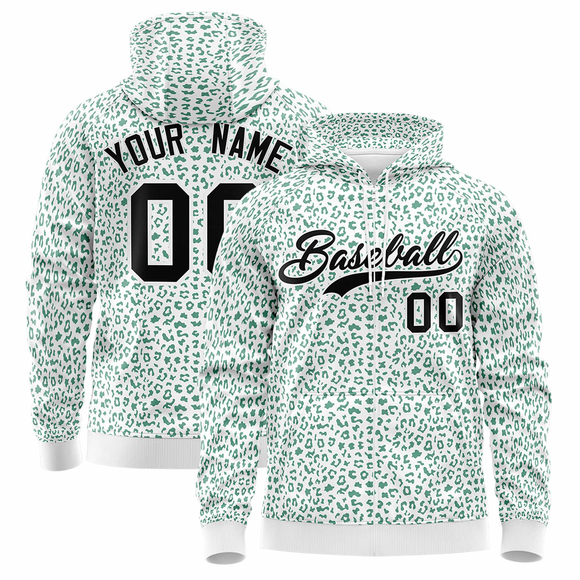 Custom Neon Green Pink Varsity Full-Zip Letterman Leopard Print Hoodie Jacket