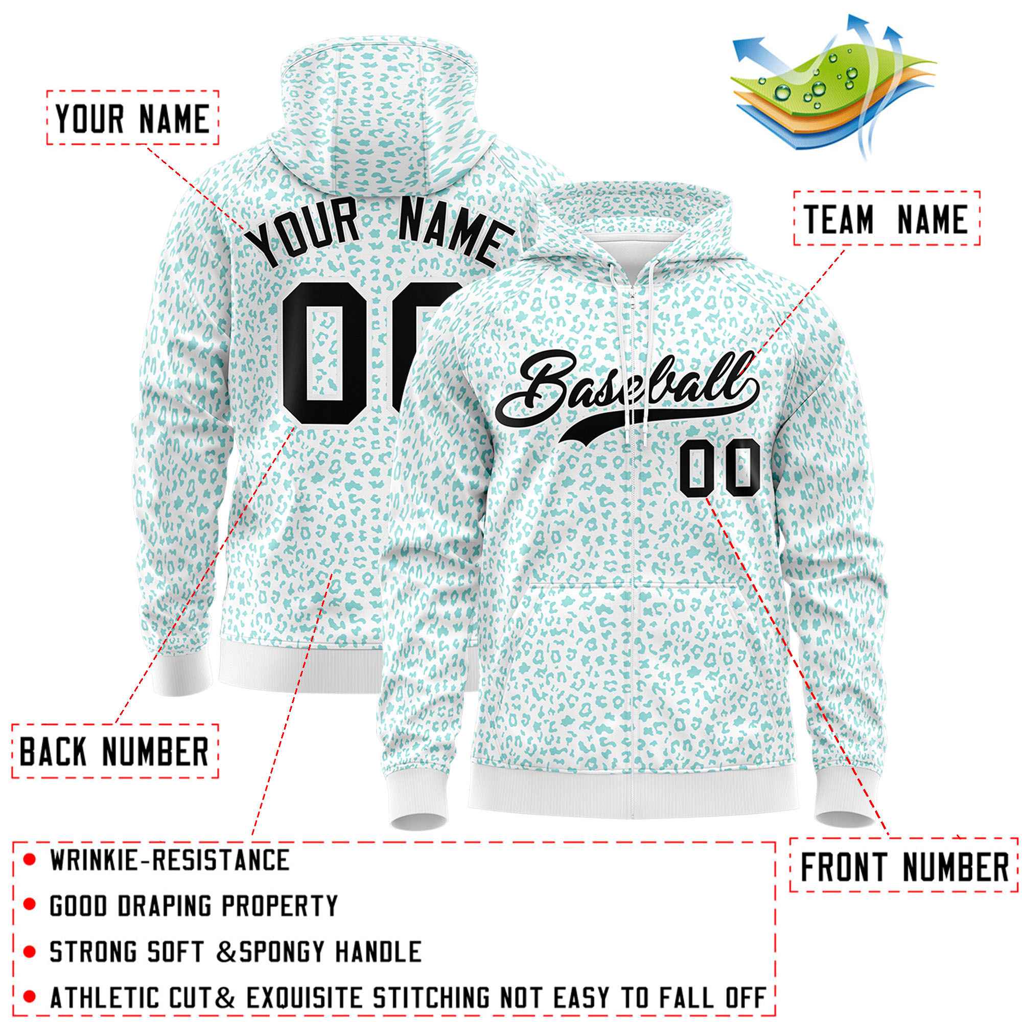 Custom White Bright Green Varsity Full-Zip Letterman Leopard Print Hoodie Jacket